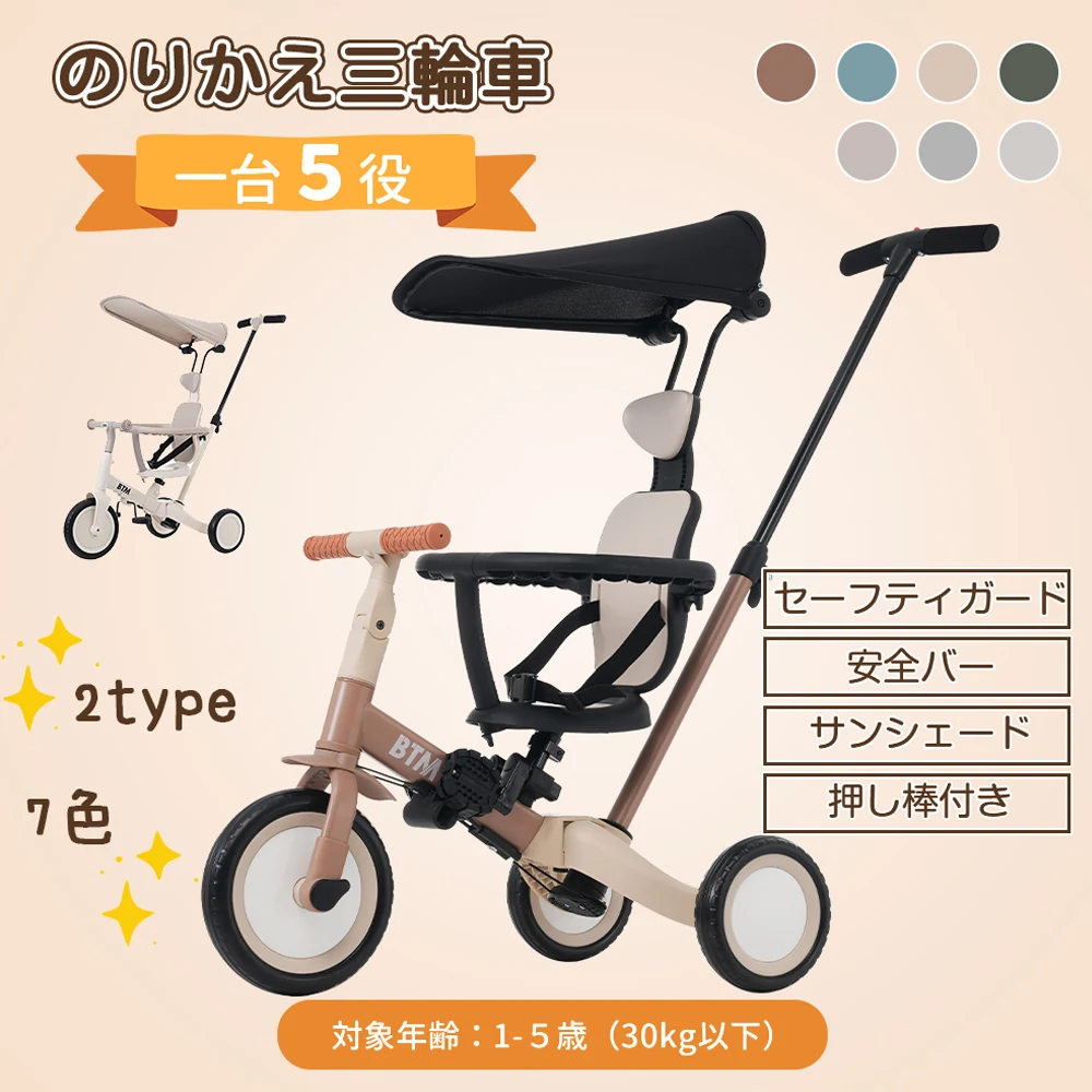 【ブルー】子供用三輪車 5in1 自転車 オリジナル 押し棒付き 安全バー付き サンシェード付き