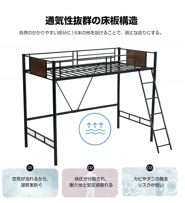 ホワイト ロフトベッド パイプベッド シングル 木 収納 北欧風 子供部屋 スチール 耐震 ベッド SDG