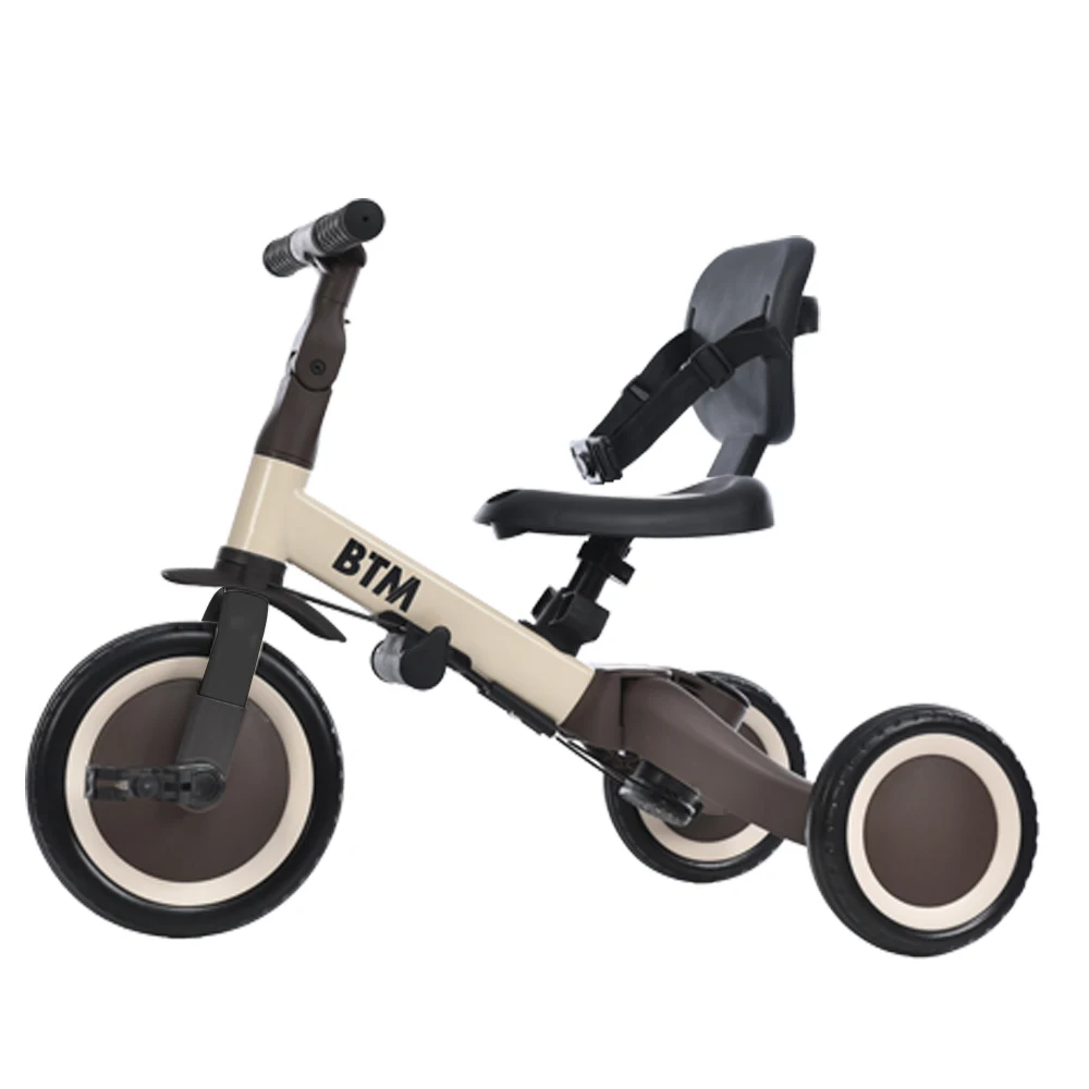 子供用三輪車 4in1 ベージュ×ブラウン 三輪車のりもの押し棒付き 自転車 おもちゃ 乗用玩具