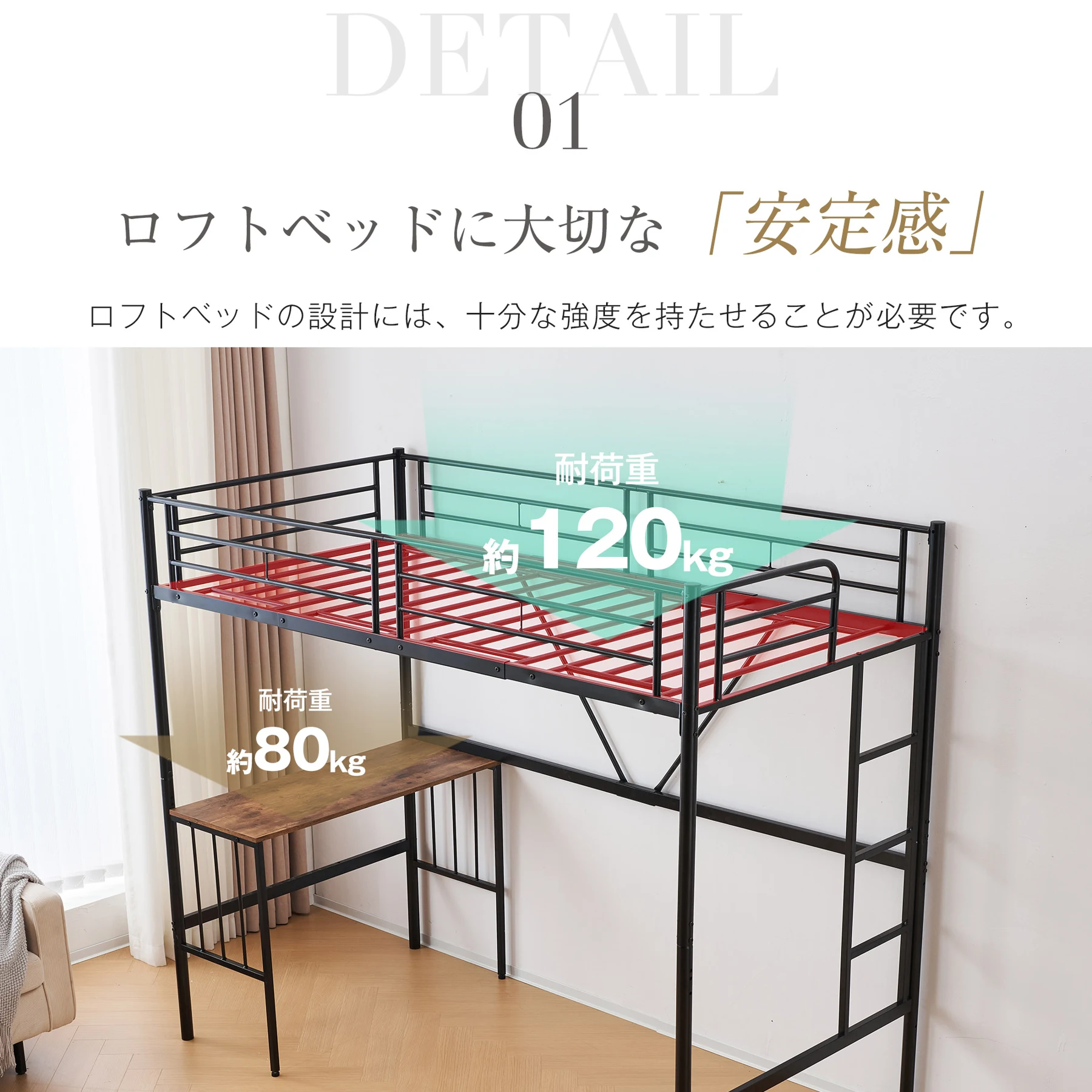 ロフトベッド デスク付き パイプベッド シングル 木 収納 北欧風 子供部屋 スチール 耐震 ベッド