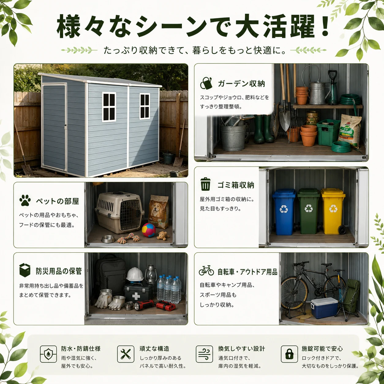 物置 屋外 樹脂製 大型 戸外収納庫 幅132*奥行き254*高187 窓付き 床板付き 頑丈 大容量 サビ防止 防水 ガーデニング 庭