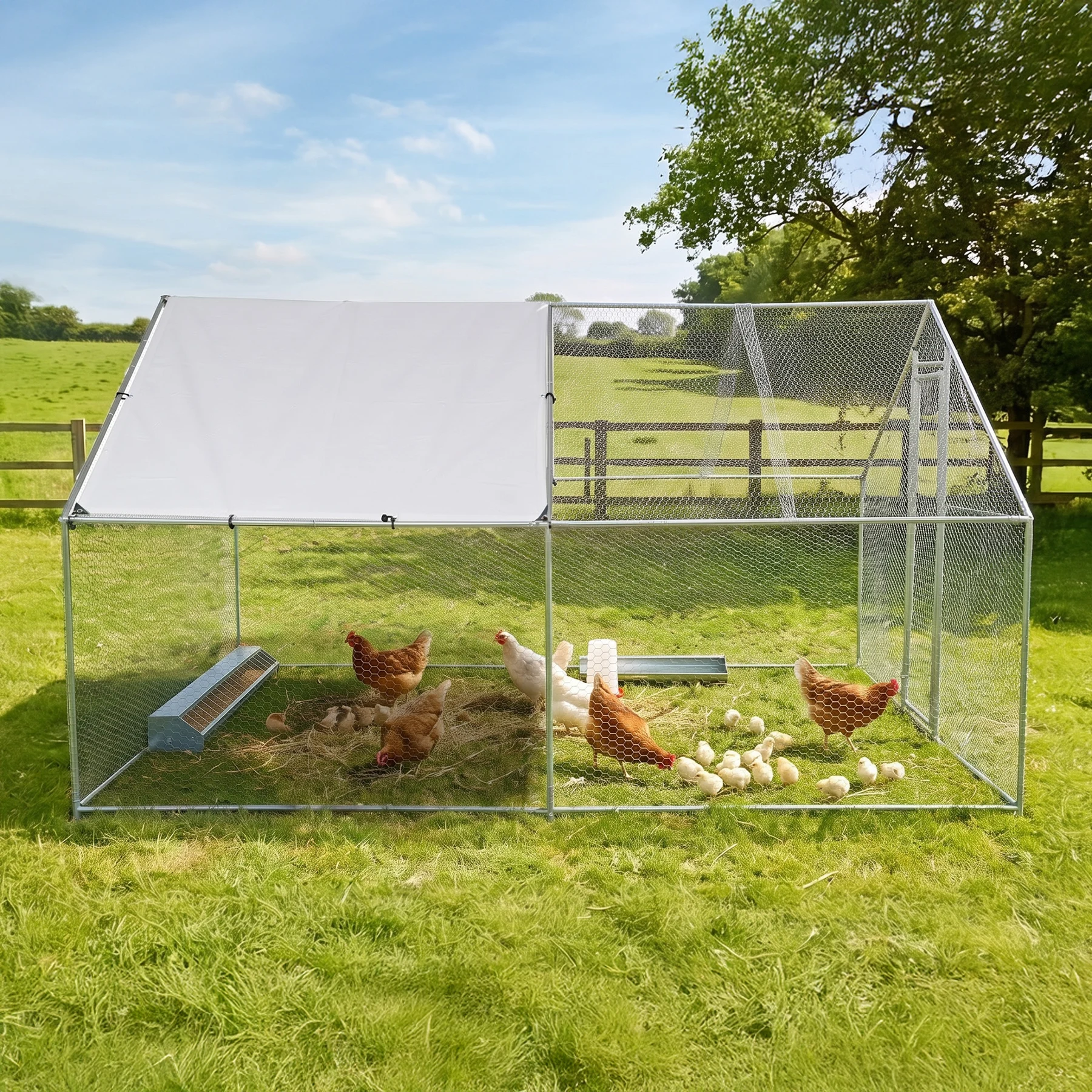 【半分シートデザイン】鶏ケージ 大型ペットケージ 小動物ケージ 40羽用 大型鳥かご 鶏小屋 鶏用ケージ 鶏舎 大容量 うずら 鳩 兎 モルモット フェレット ハリネズミ 飼育小屋 組立簡単【シルバー】