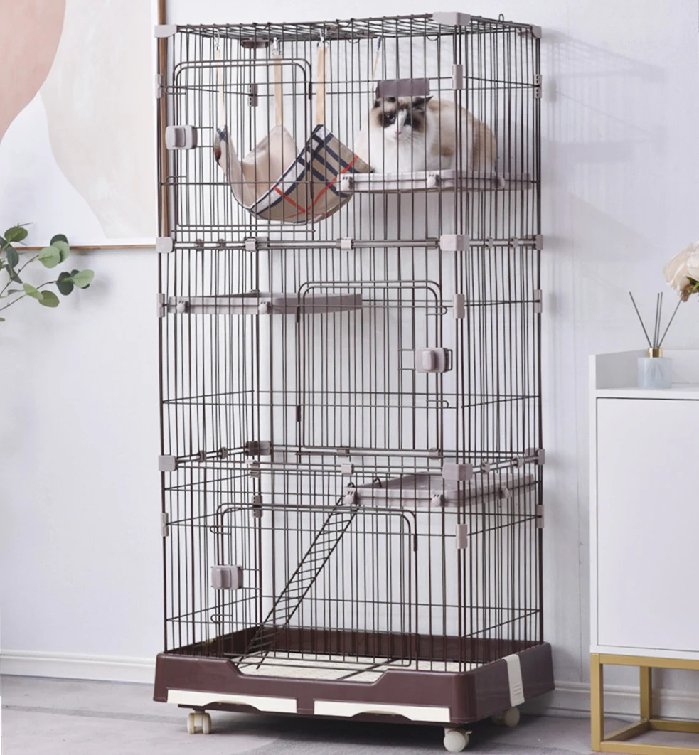 猫 ケージ キャットケージ ペットケージ キャスター付 猫ゲージ 大型 多頭飼い ネコドア キャットハウス 1段2段3段可能 留守番 保護 脱走防止 おしゃれ (3段,ブラウン)