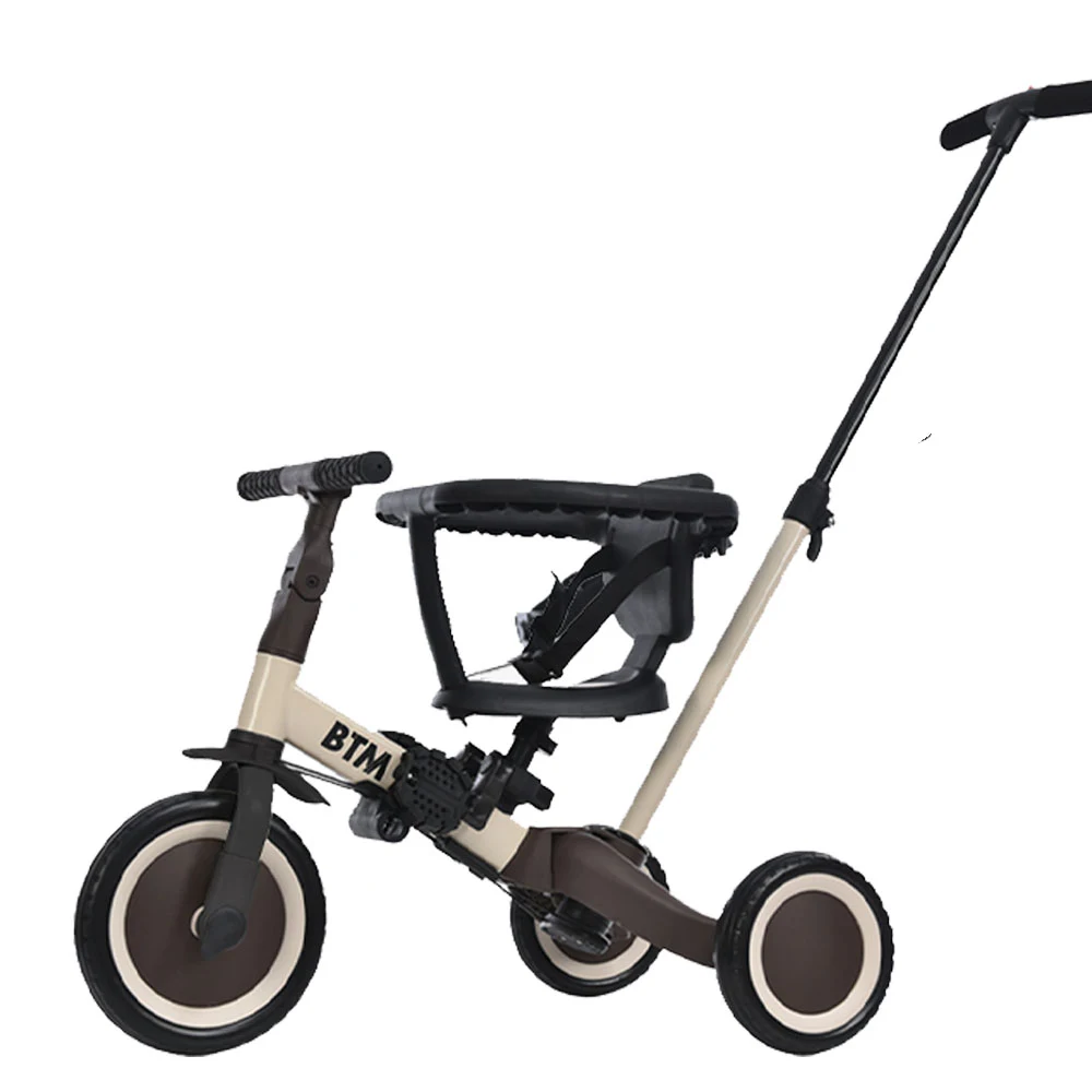 子供用三輪車 5in1 (ベージュ×ブラウン) 自転車 オリジナル 押し棒付き 安全バー付き キックボード