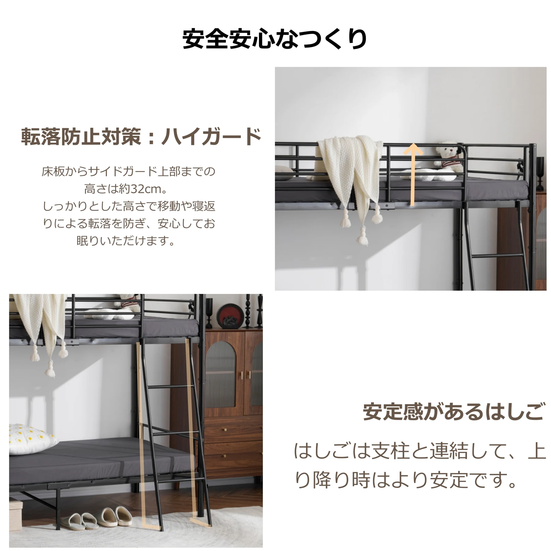 二段ベッド ヨーロッパ安全基準EN747認証獲得済 ロフトベッド シングルベッド パイプ 耐震 頑丈フレーム 大人ベッド 子供部屋 社員寮 学生寮 耐荷重150kg ミドルタイプ 高さ150cm 【ブラック】