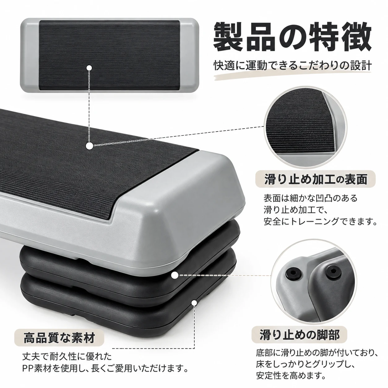 エアロビックステッパー 高さ 3 段階調整可能 踏み台昇降 ステップ台 76×35cm 初心者/中級者/上級者対応 ホームジム ジム用 フィットネス エクササイズ エアロビクス カーディオ ヨガ トレーニング (grey)