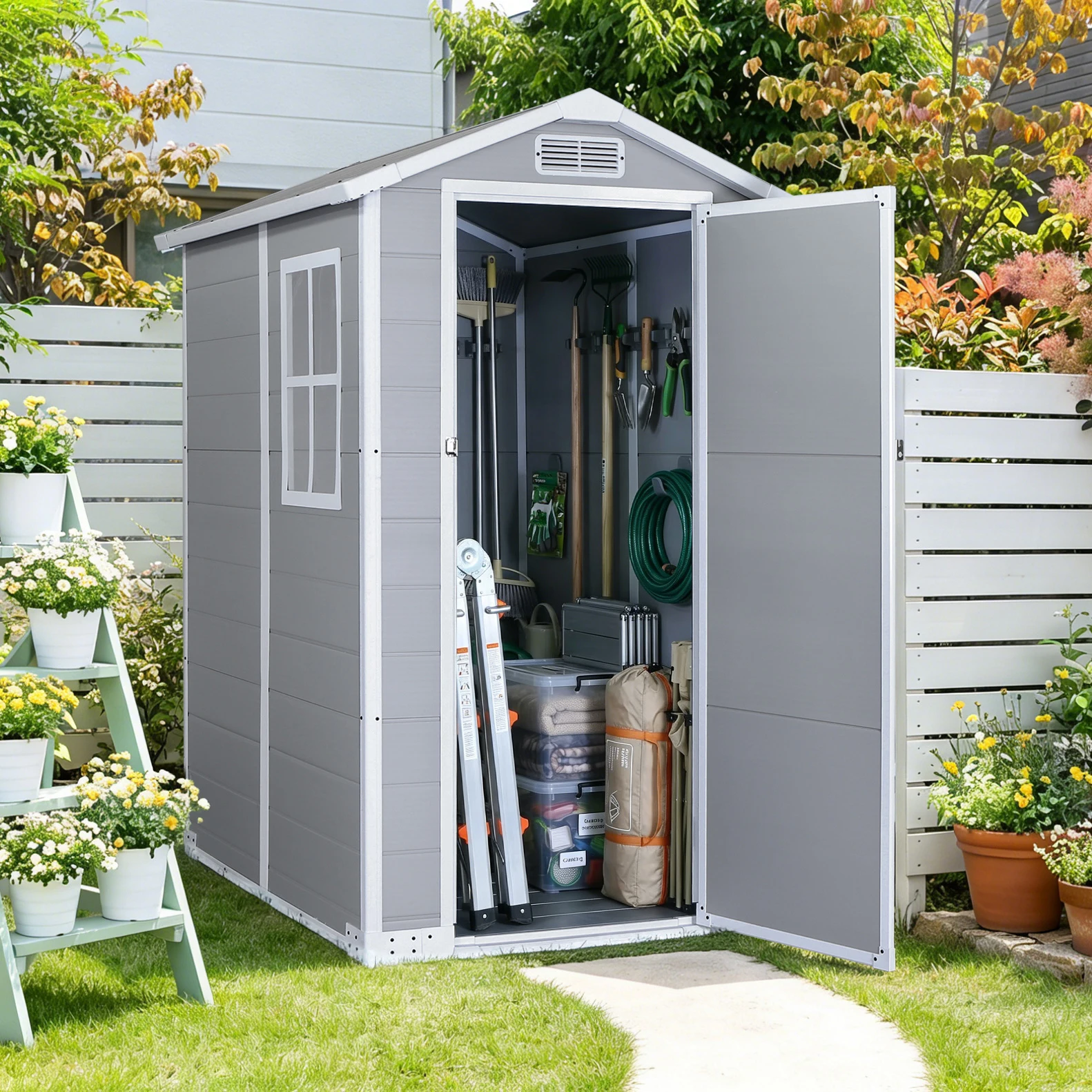 【4000L】物置 屋外 戸外収納庫 XLsize PP樹脂製 窓付き 倉庫 物置き おしゃれ 大型 収納庫 屋外物置 防さび ベランダ 防水 ドア 物置 屋外収納 ガーデニング 庭 新作【ライトグレー】
