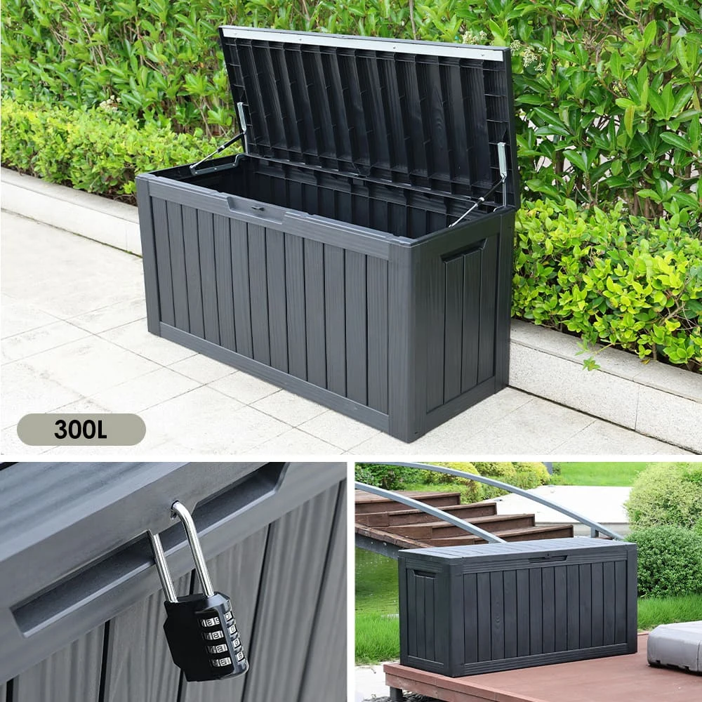 【ブラック 570L 油圧シリンダー付き スチールプレート補強】戸外収納庫 収納ボックス 置き配 ゴミ箱 小型 屋外 ストッカー 防水/耐侯 収納可能 ガーデン/庭/ベランダ 頑丈
