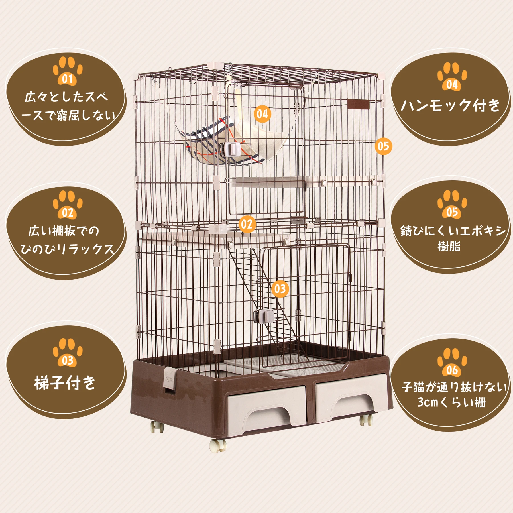 猫 ケージ キャットケージ 2段 猫トイレ付 キャスター付 ハンモック付 猫ゲージ おしゃれ キャットハウス ネコ ハウス 多段 留守番 保護 脱走防止 多頭飼い 多頭 スチール ペットケージ 新作