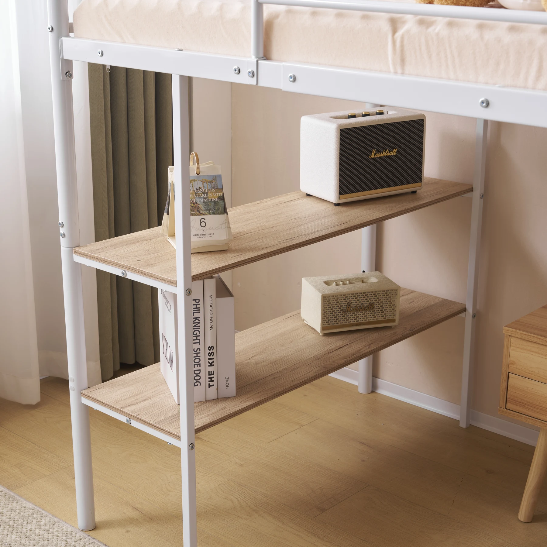 ホワイト ロフトベッド パイプベッド シングルベッド 収納棚付く ロータイプ ロフトベッドロータイプ 木 収納 北欧風 おしゃれ 子供部屋 スチール 耐震