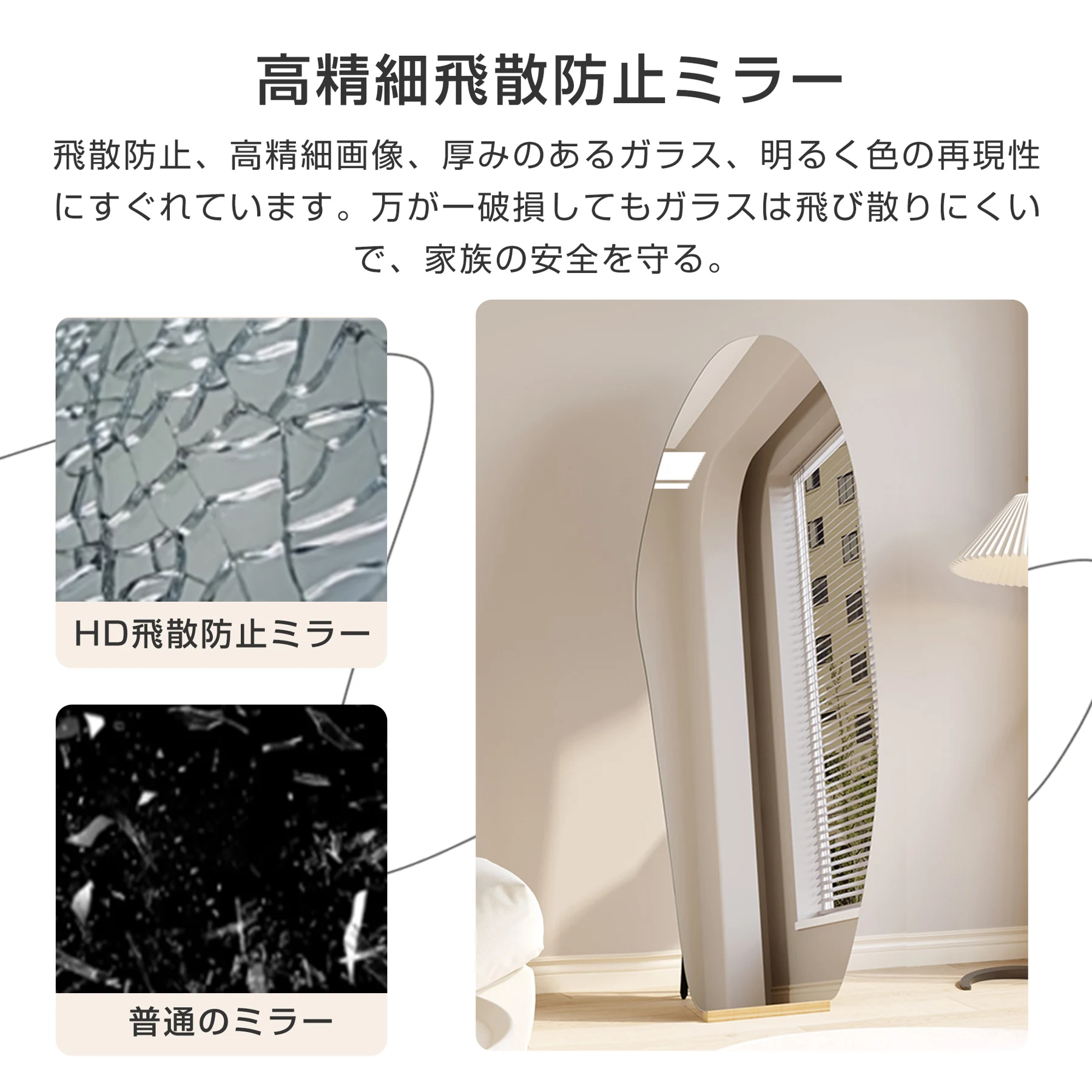 【ウェーブ形LEDなし】【45×155cm】全身鏡 ミラー 玄関 全身 姿見 おしゃれ ウェーブミラー スタンド 壁掛け 立て掛け DIY 自撮り鏡 姿見 ミラー 鏡 壁掛け鏡 全身鏡 飛散防止加工 全身ミラー スリムミラー インテリア 韓国 インスタ映え