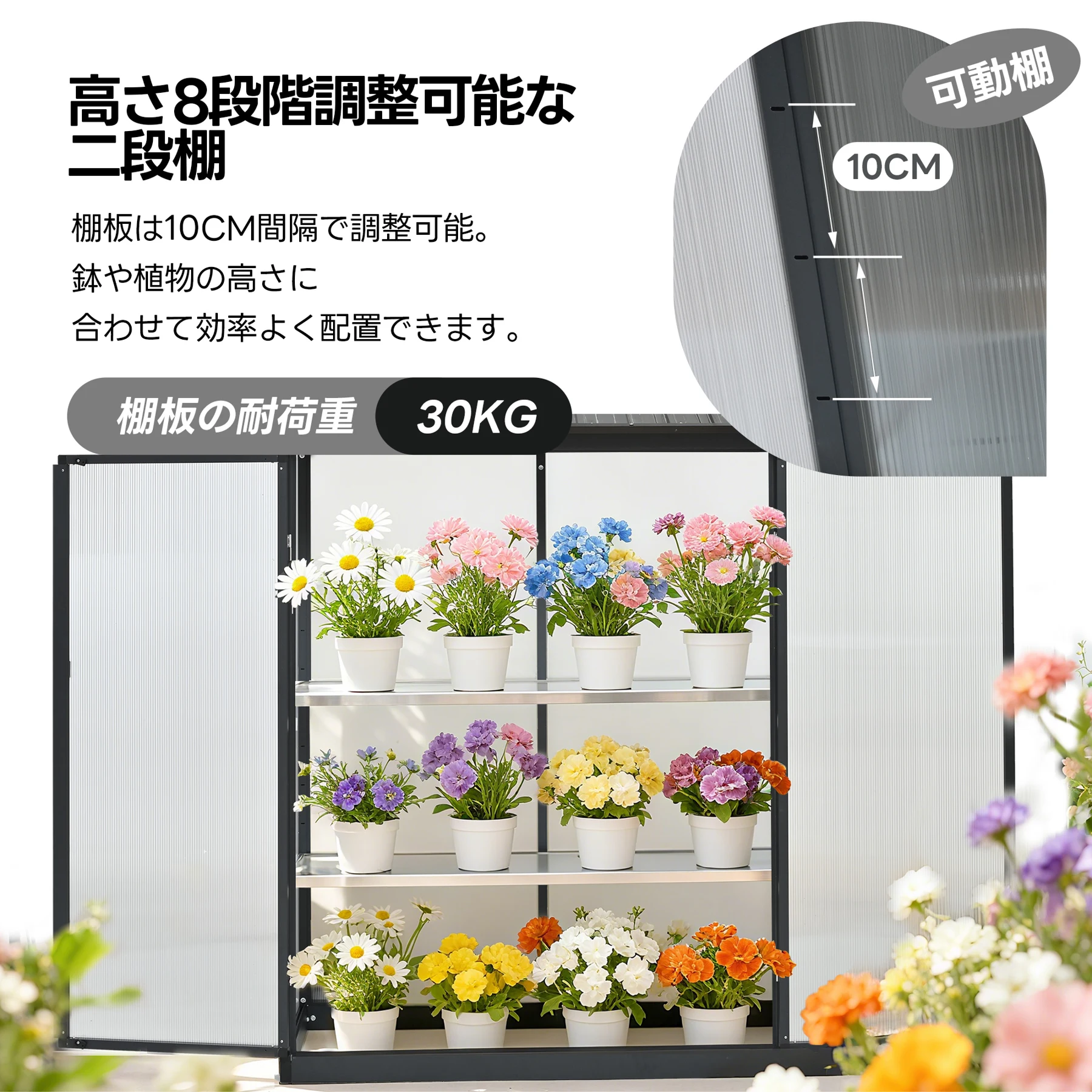 【温室付き】物置 屋外 スチール 可動棚 倉庫 戸外収納庫 W180*D121*H180cm 物置き おしゃれ 大型 収納庫 屋外物置 防さび ベランダ 防水 ドア スチール物置 屋外収納 ガーデニング 庭 新作【ブラック】
