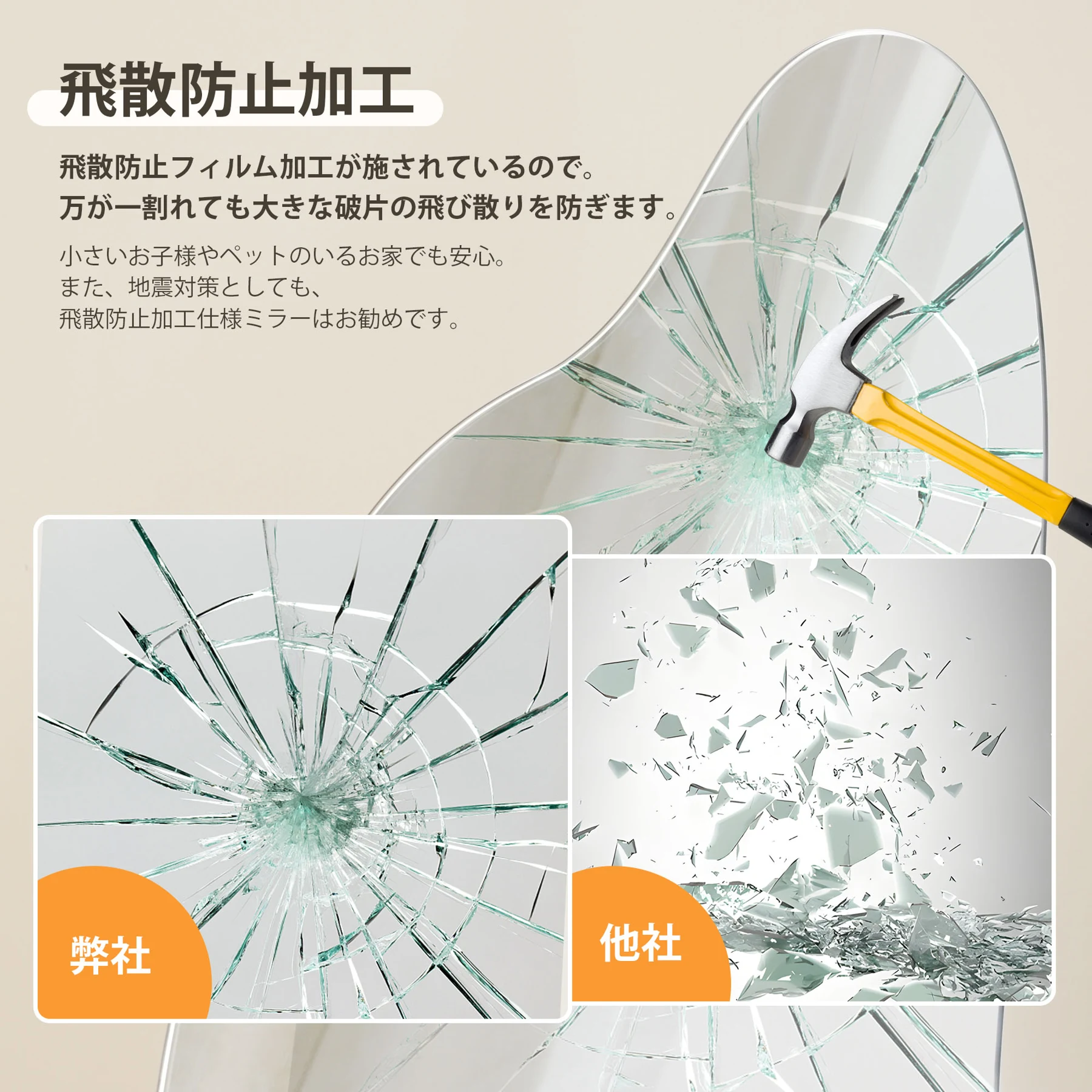 全身鏡 姿見鏡 スタンドミラー ノンフレーム イレギュラミラー 立てかけ 姿見 鏡 ミラー おしゃれ 大型 飛散防止 木製台あり 170*70CM
