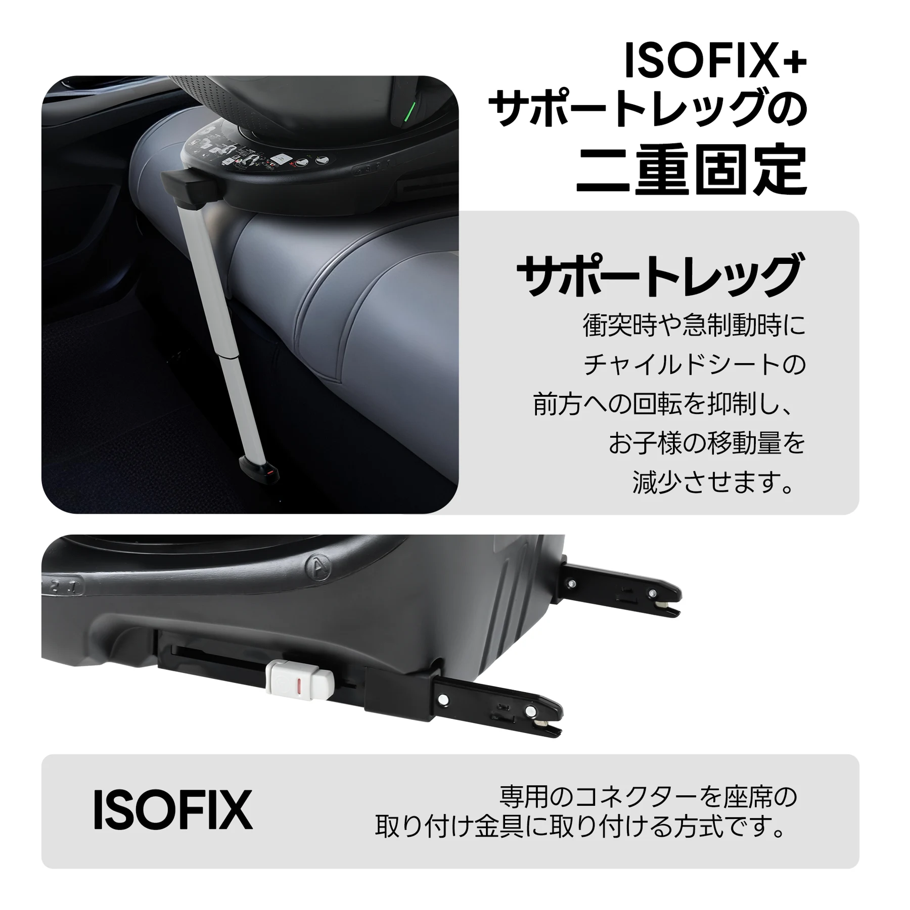 【サポートレッグ】新安全基準R129適合 チャイルドシート ISOFIX 360度回転 0-12歳頃 40~150cm 超広いサンシェード ジュニアシート 長く使える 洗える 取付簡単 キッズシート ベビーシート 出産祝い【ブラック+ダークグレー】
