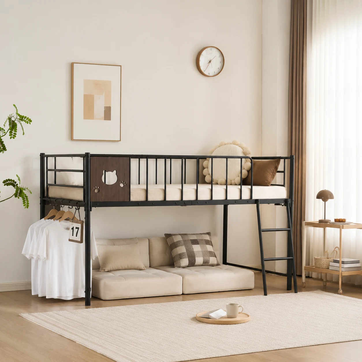 【猫形】ロフトベッド パイプベッド シングル ベッド シングルベッド ロータイプ 斜めハシゴ ロフトベッドロータイプ 木 収納 北欧風 おしゃれ 子供部屋 スチール 耐震 ベッド 可愛い プレゼント キャットデザイン組立品