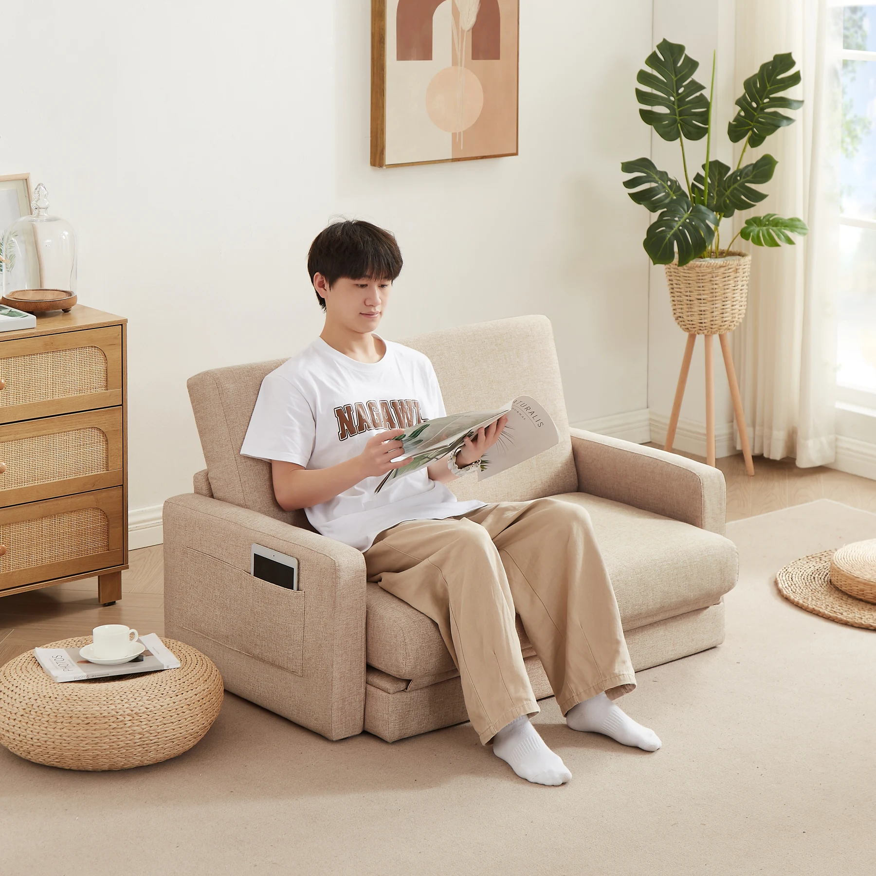 2 seater sofa ソファ 2人掛け 収納付き ファブリック 両側に肘掛け付き 木脚外し可能 ローソファ コンパクト ひとり暮らし カウチソファー