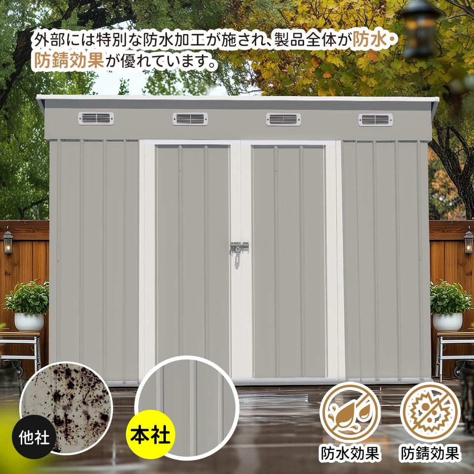 【可動棚なし】物置 屋外 スチール 倉庫 床材補強フレーム付き 戸外収納庫 幅270*奥行き126*高189 物置き おしゃれ 大型 収納庫 屋外物置 防さび ベランダ 防水 ドア スチール物置 屋外収納 ガーデニング 庭 新作【グレーホワイト】