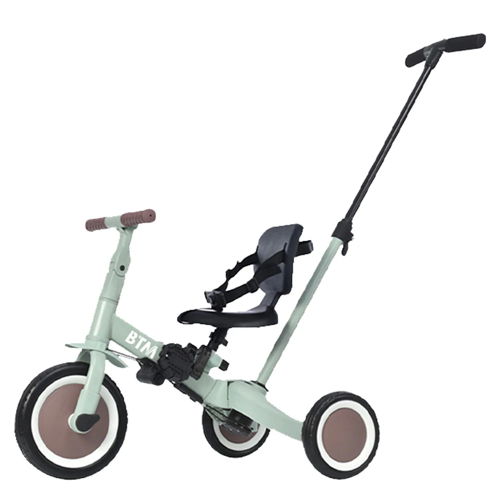 子供用三輪車 4in1 ミント×ブラウン 三輪車のりもの押し棒付き 自転車 おもちゃ 乗用玩具