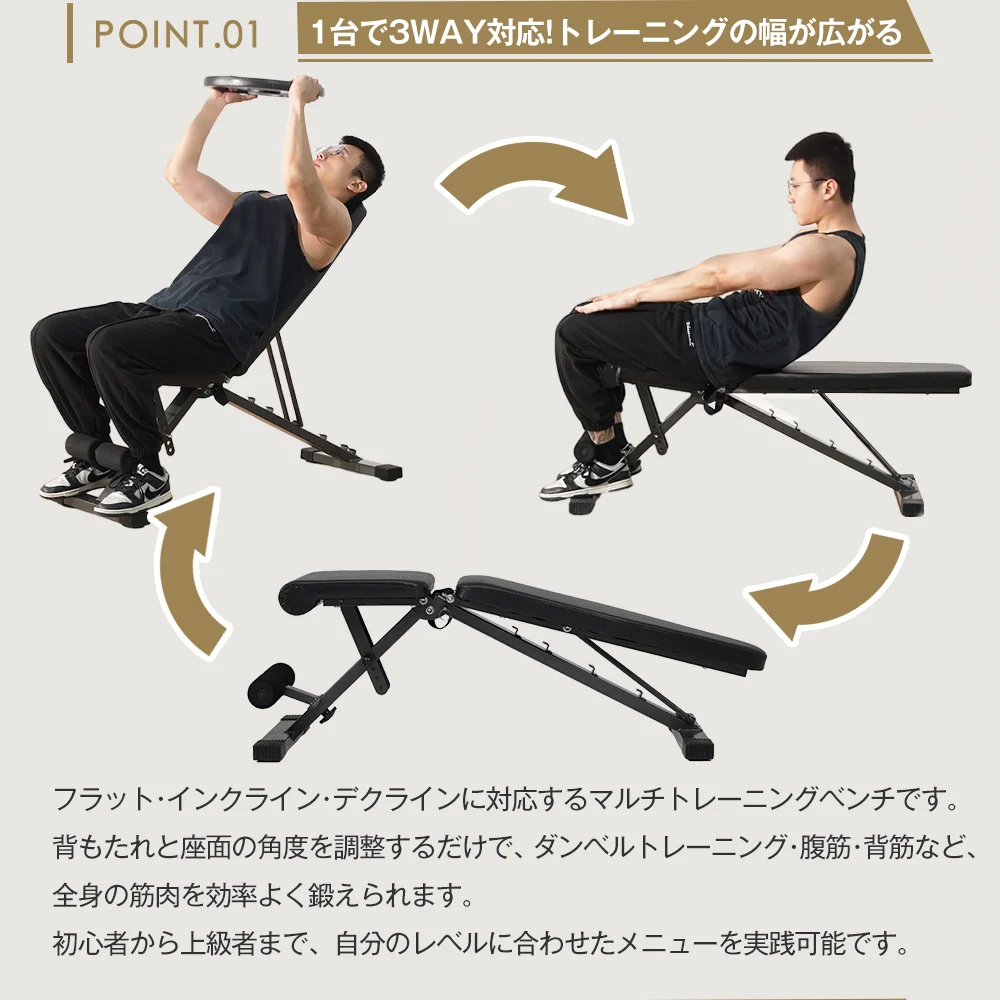 3WAYトレーニングベンチ 耐荷重130KG デクラインベンチ インクラインベンチ フラットベンチ トレーニング ベンチ ベンチプレス ホームジム マルチポジションベンチ トレーニングマシン ダンベル 有酸素運動 健康器具