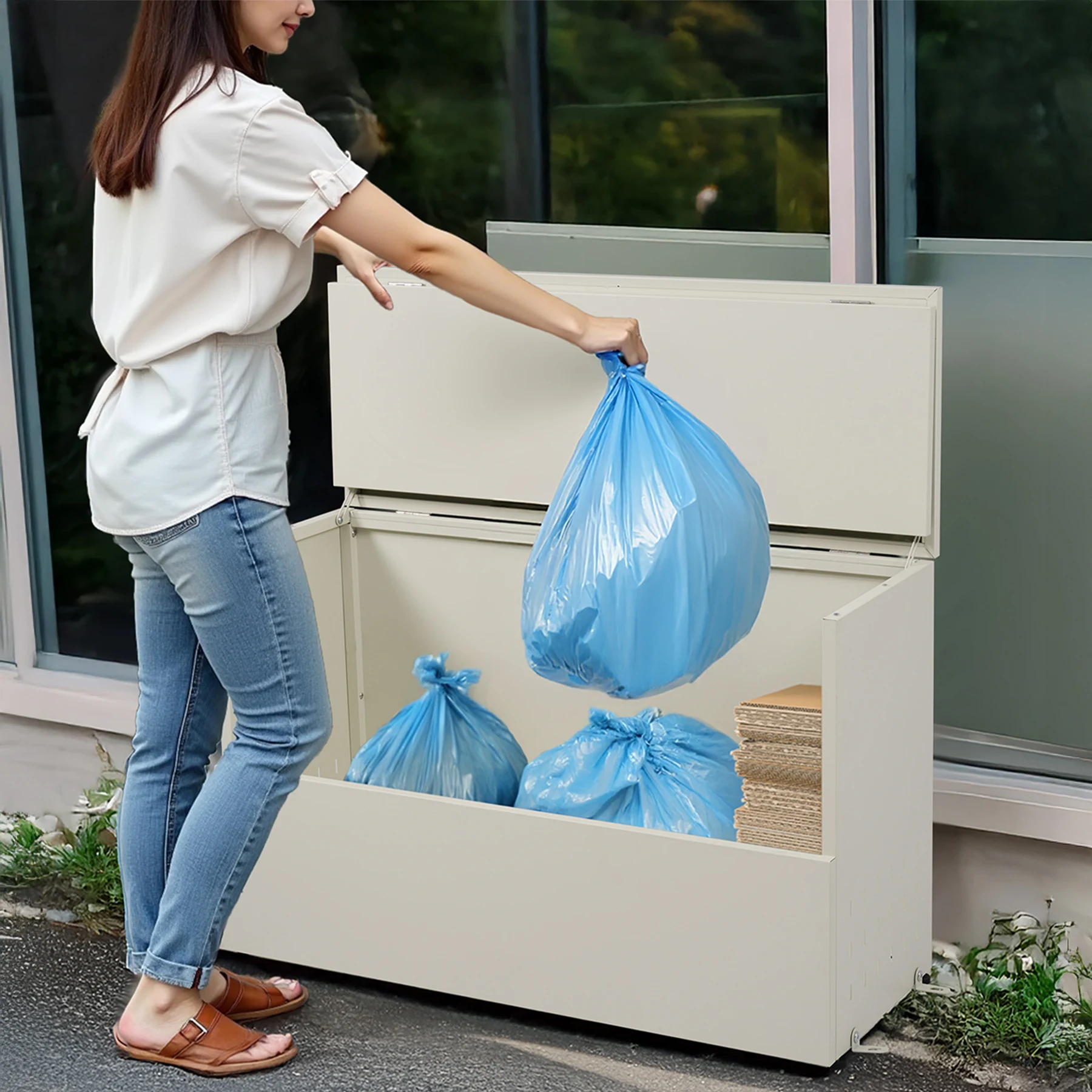 ゴミ箱 屋外 247L 大容量 通気性抜群 頑丈 大型 安定 簡単組立 ゴミ荒らし防止 カラスよけ 大型 野良猫よけ 大きい ふた付き ゴミステーション ゴミボックス ゴミ収納 ゴミ保管 ゴミ収集 庫 ごみ 箱 カラス対策【ホワイトグレー】