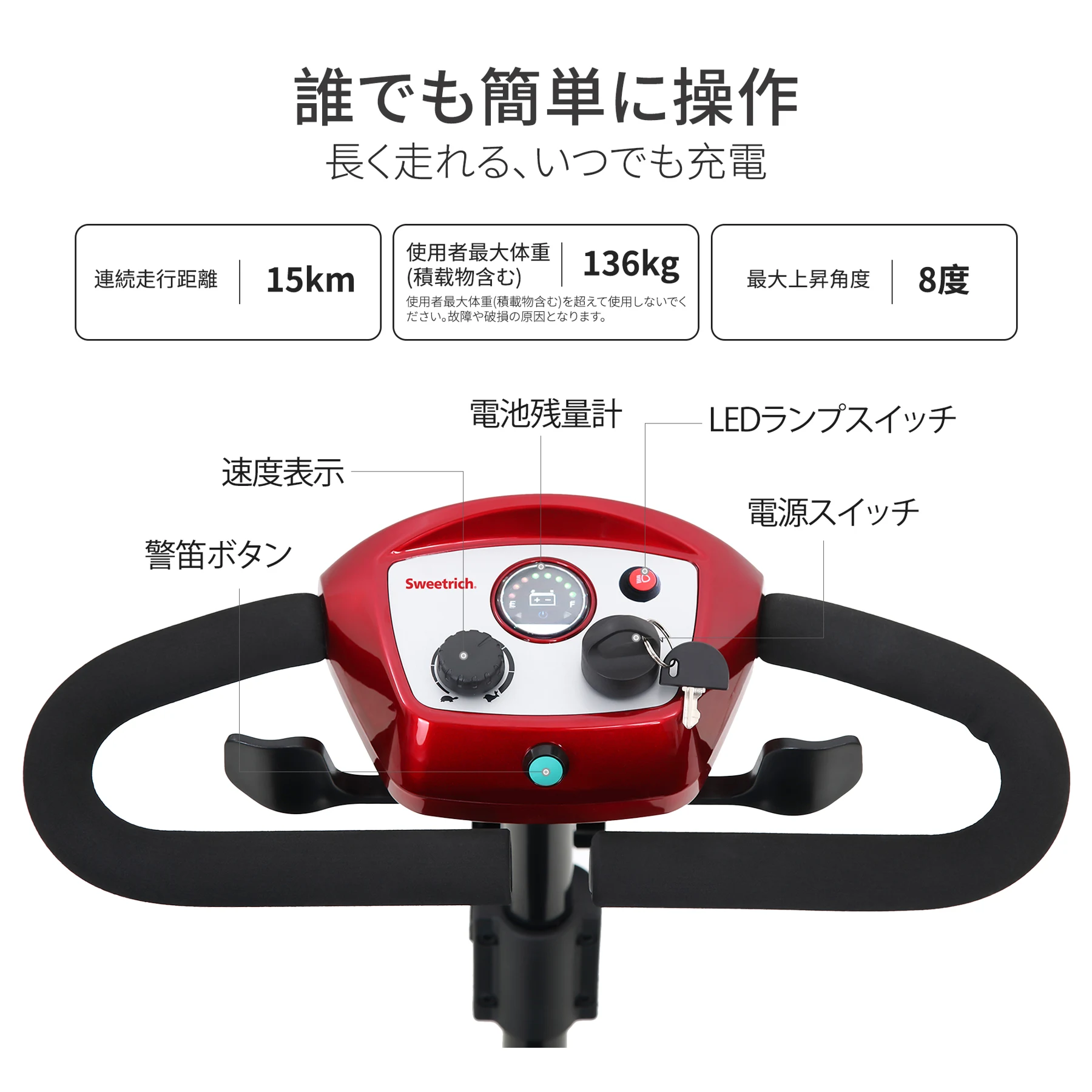 高齢者向け4輪電動モビリティスクーター、積載量136kg、速度6km/h、取り外し可能なバッテリー、360°回転シート、運転免許不要 - S1 SPORT RED