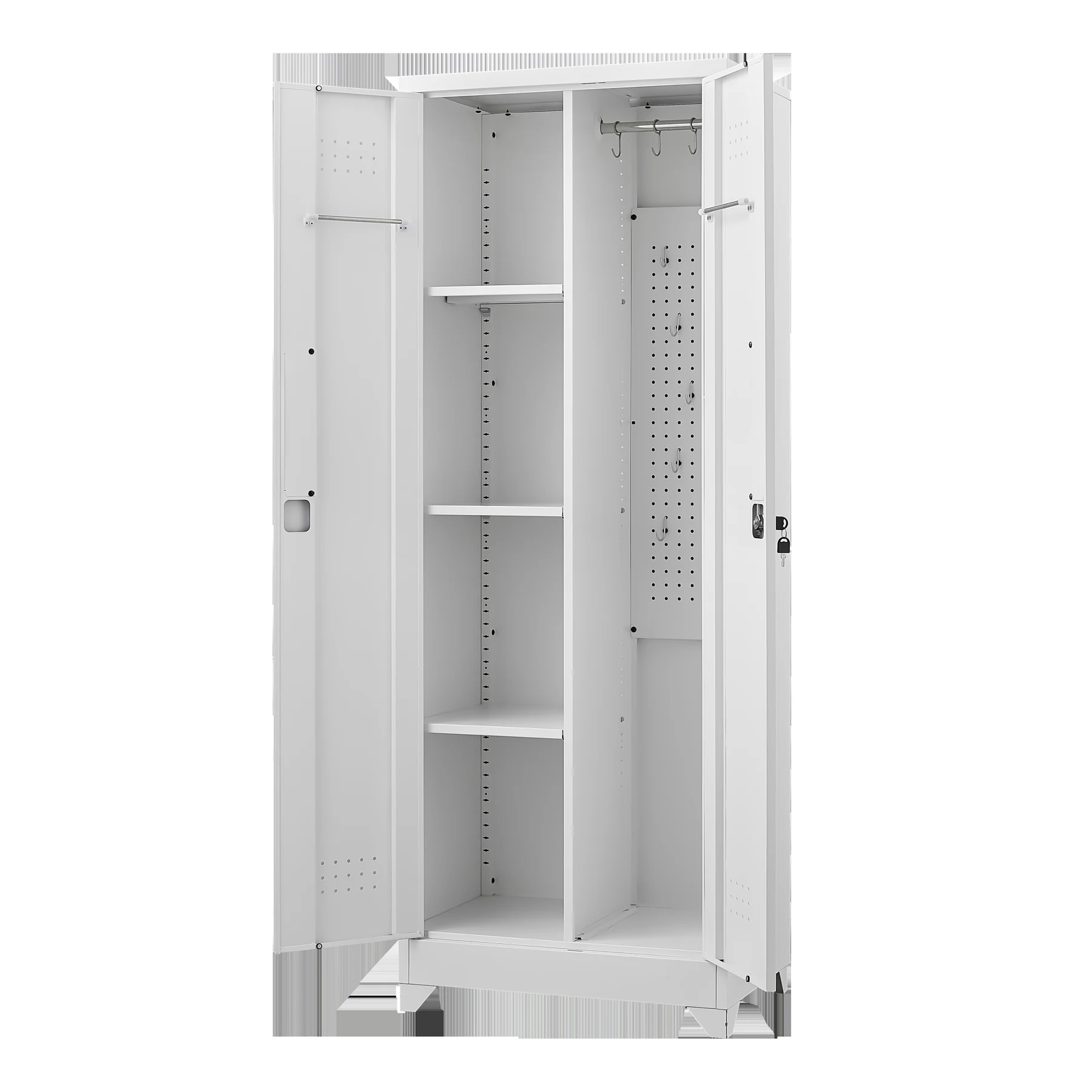 物置 収納庫 屋外 大型 倉庫 室外収納庫 屋外収納キャビネット 両開きドア 物置き台 収納ボード付き・収納ポール・タオル掛け付き・鍵付き・換気 掃除用具ロッカー 高さ165cm