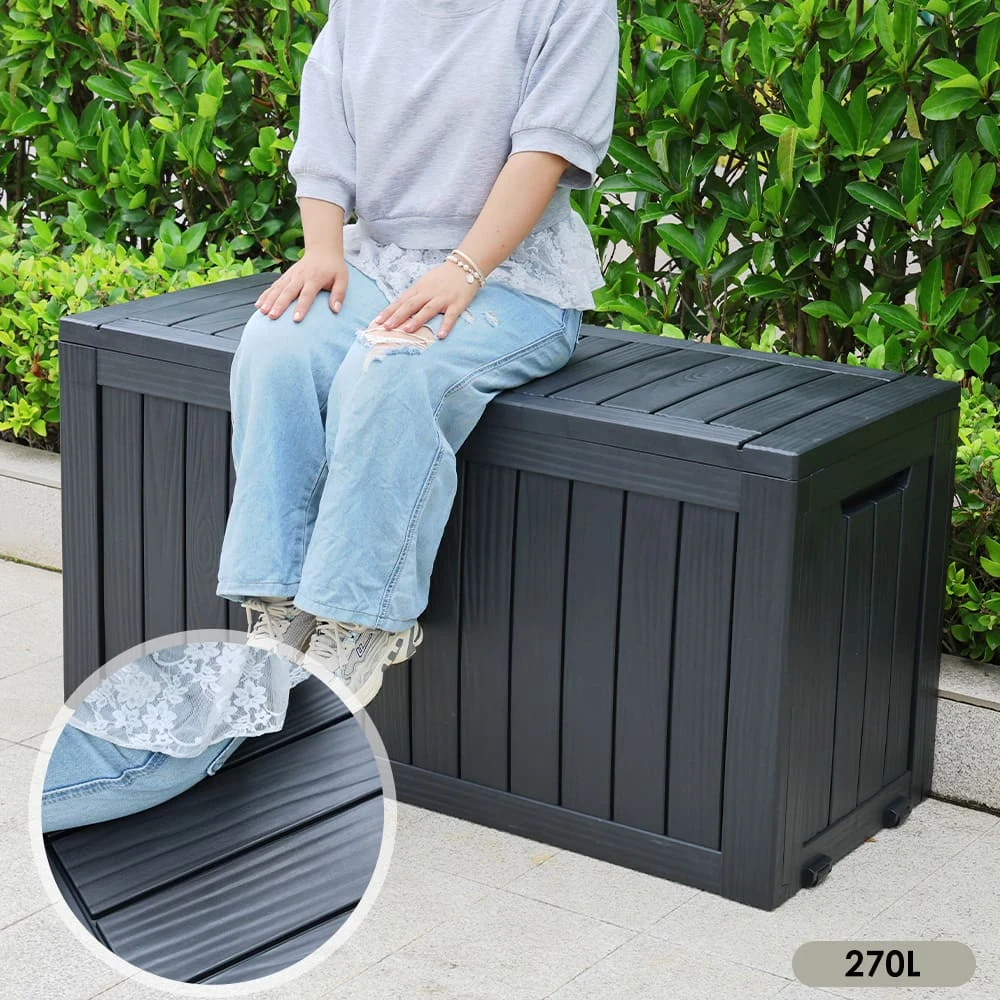 【ブラック 570L 油圧シリンダー付き スチールプレート補強】戸外収納庫 収納ボックス 置き配 ゴミ箱 小型 屋外 ストッカー 防水/耐侯 収納可能 ガーデン/庭/ベランダ 頑丈