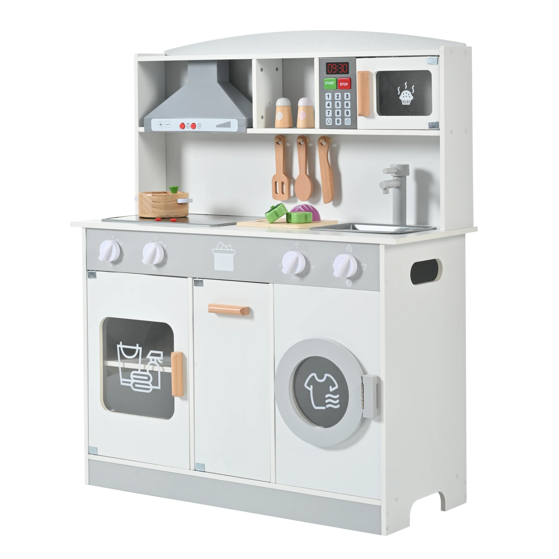 おままごと キッチン 木製 台所 ライト付き 調理器具付き 調味料 食材 野菜 知育玩具 コンロ 電子レンジ 家事 おもちゃ キッズ ベビー 誕生日 プレゼント【ホワイト】