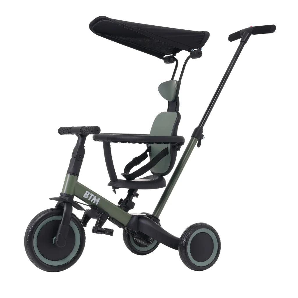 【マットグリーン】 子供用三輪車 5in1自転車 オリジナル 押し棒付き 安全バー付き サンシェード付き