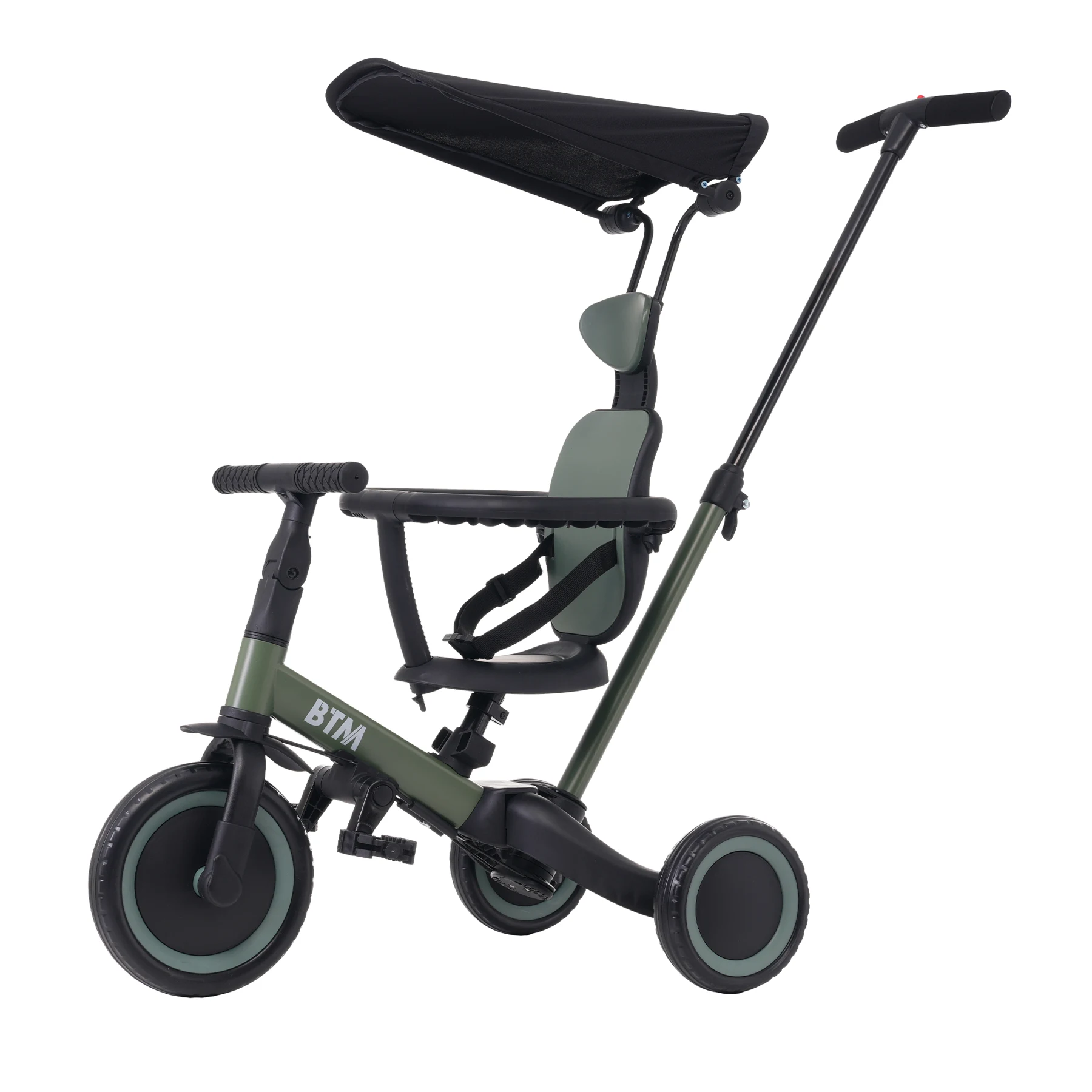 【マットグリーン】 子供用三輪車 5in1自転車 オリジナル 押し棒付き 安全バー付き サンシェード付き