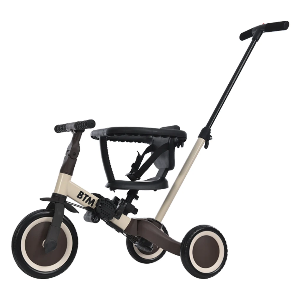 子供用三輪車 5in1 (ベージュ×ブラウン) 自転車 オリジナル 押し棒付き 安全バー付き キックボード