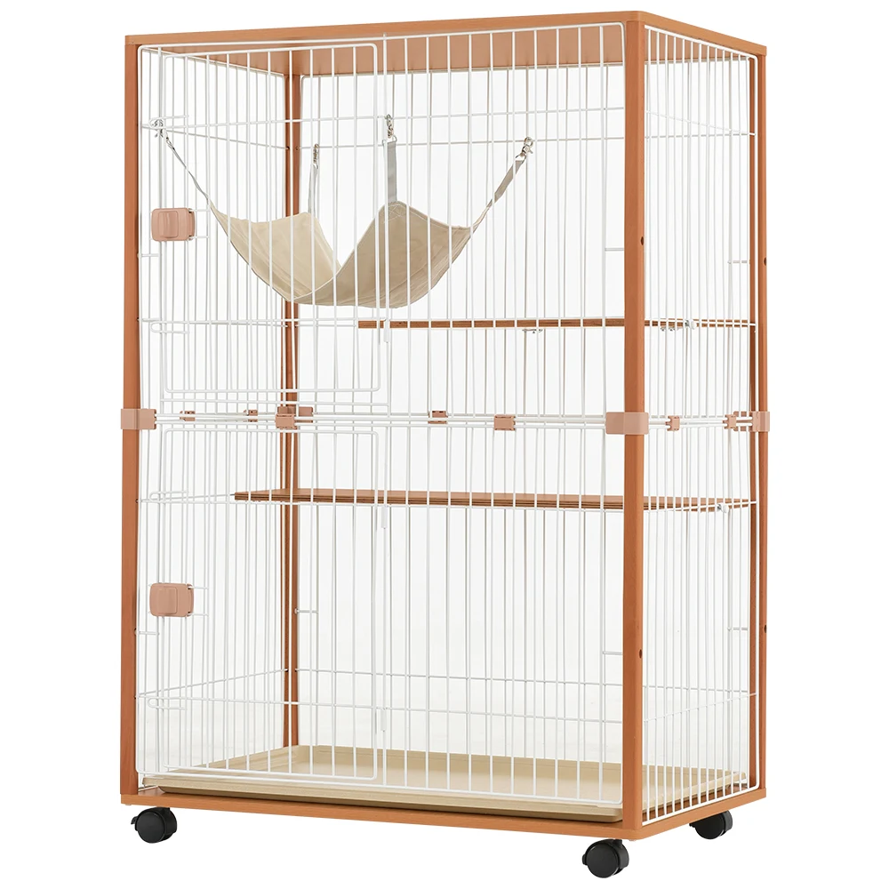猫 キャットケージ 木製 キャットハウス ネコ ハウス 留守番 保護 脱走防止 多頭飼い 多頭 スチール 二段(チーク)