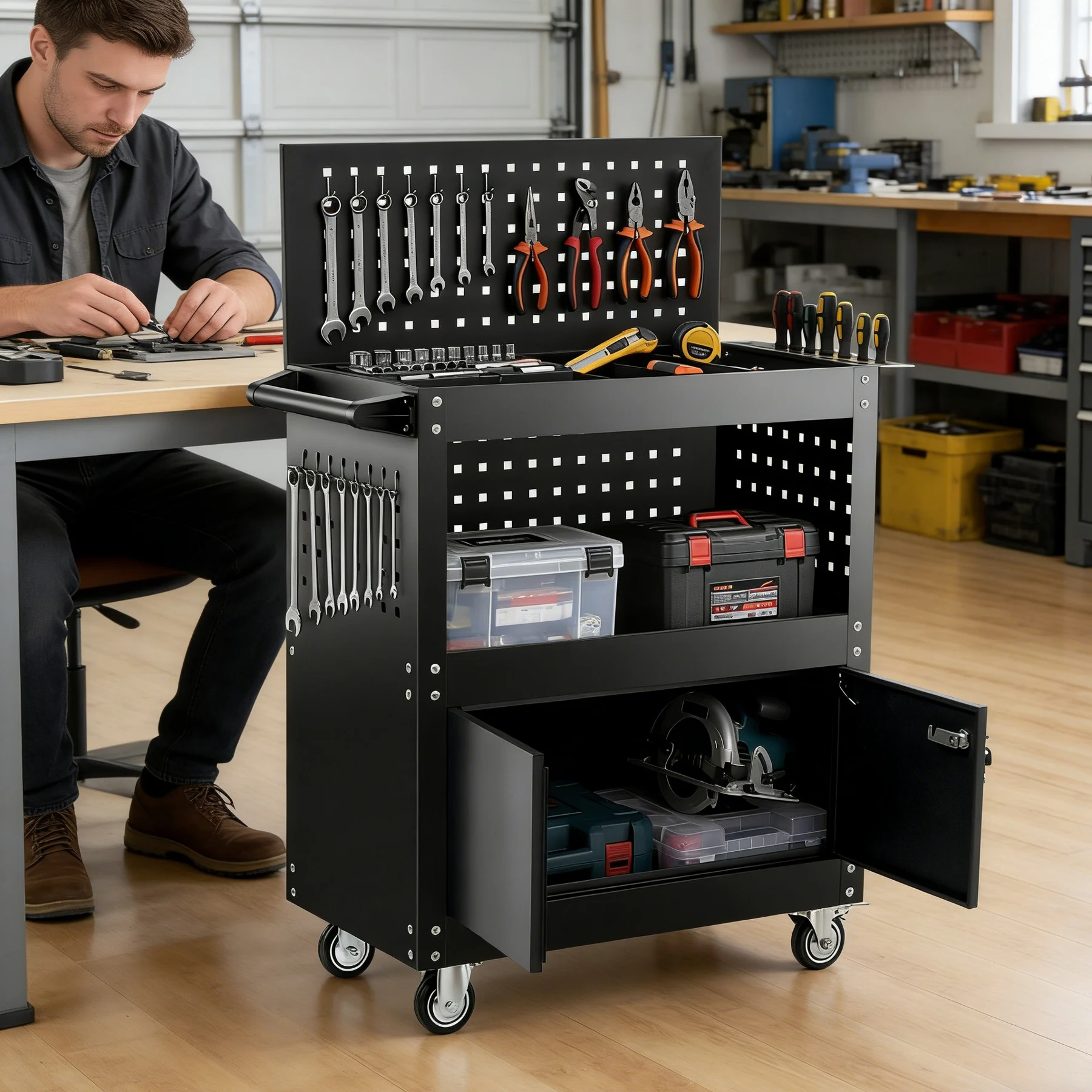 ツールキャビネット 2in1 ツールワゴン ツールカート工具カート ロールキャビネット スチール ローラーキャビネット ハンドル DIY 引き出し 鍵付き キャスター付き ロック付き 新作【ブラック】