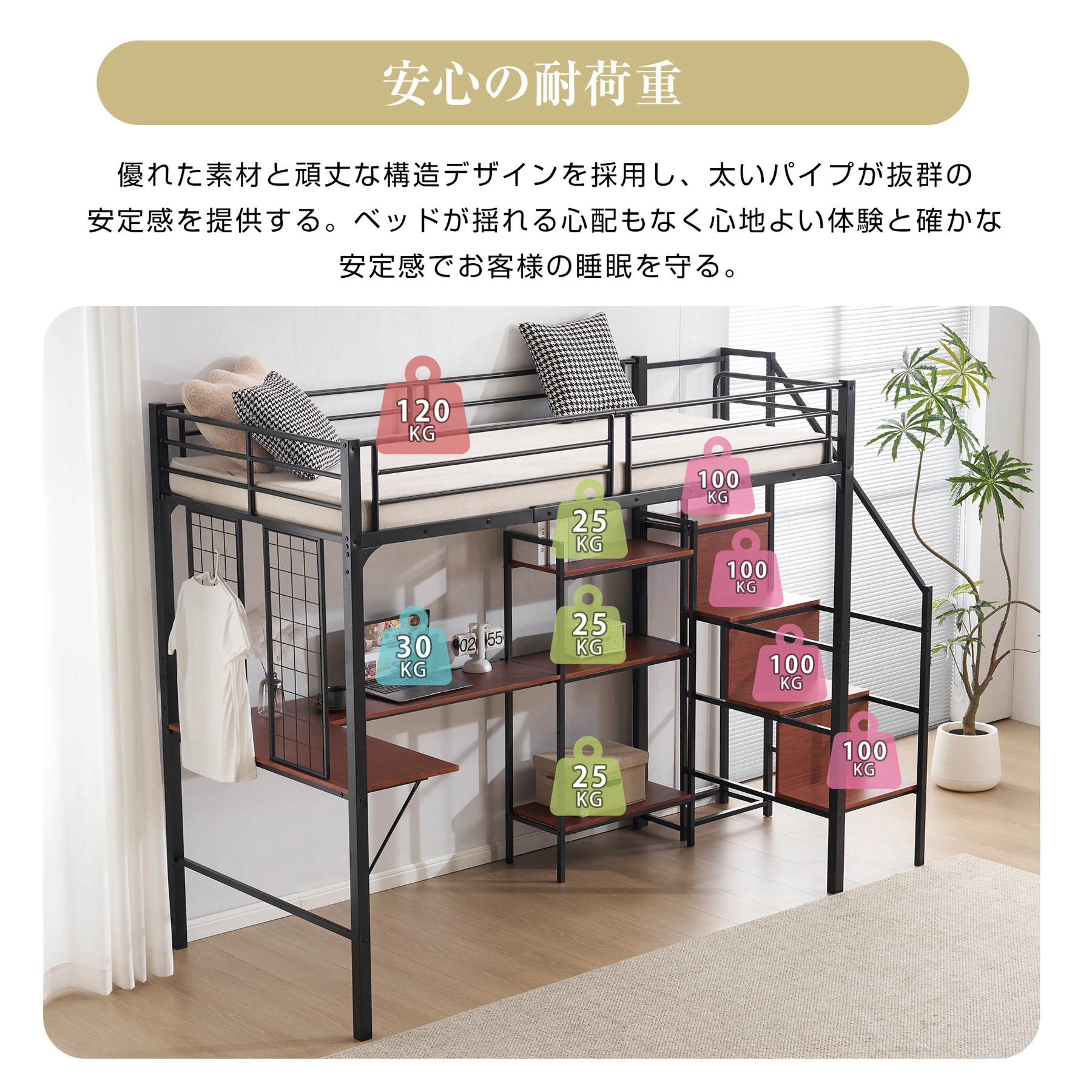 ロフトベッド シングル 収納棚付き デスク付き 階段付き 北欧風 木目 子供ベッド 大人ベッド 一人暮らし スチール 耐震 ベッド ブラック