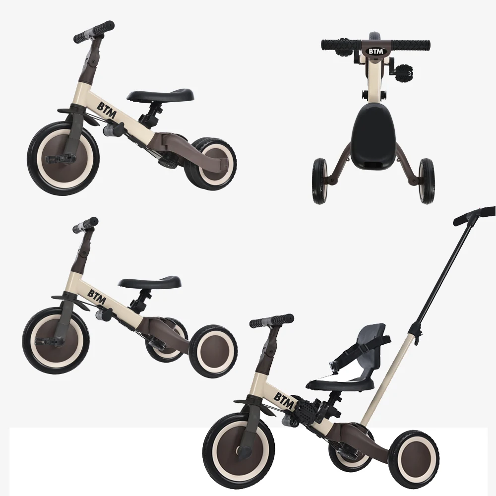 子供用三輪車 4in1 ベージュ×ブラウン 三輪車のりもの押し棒付き 自転車 おもちゃ 乗用玩具