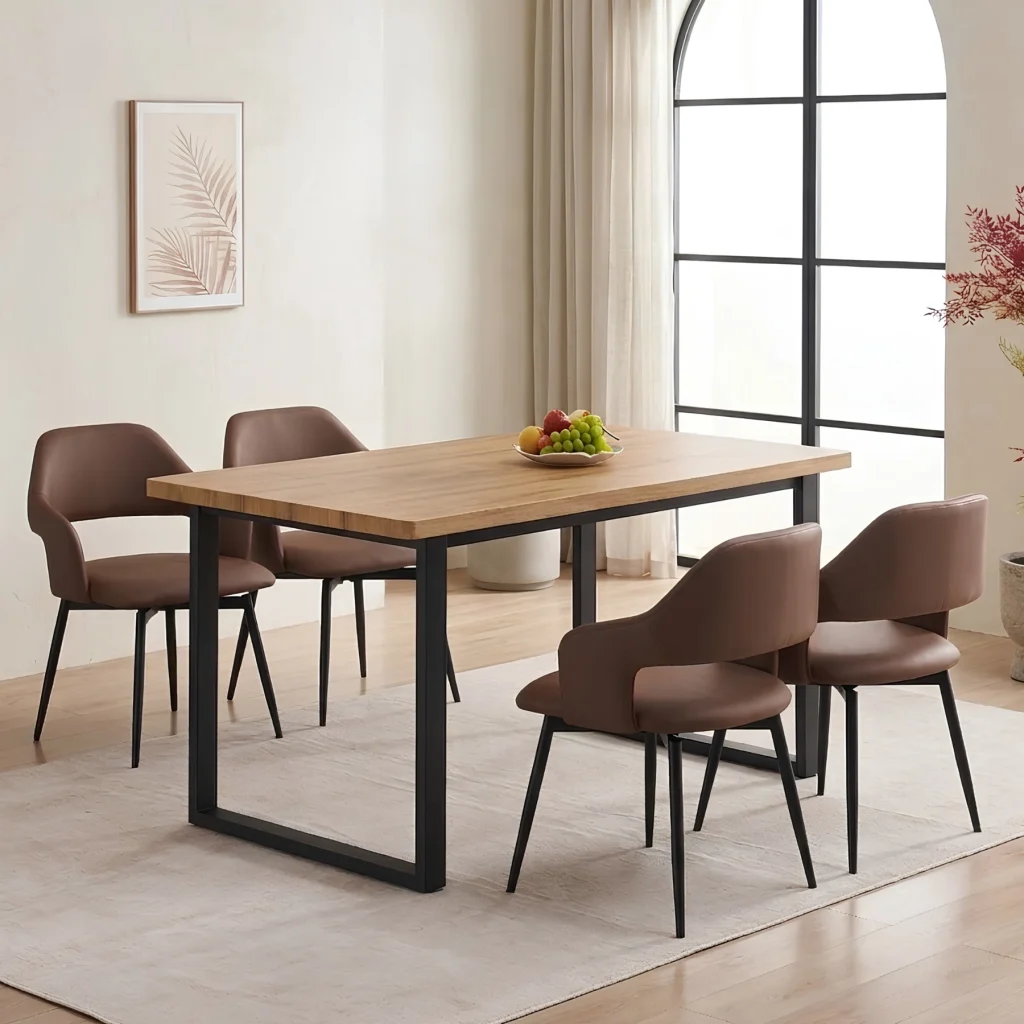 【set品】ダイニングテーブルセット 食卓テーブル チェア 4脚 4人掛け 5点セット 幅140cm 波の形 360度回転可能な座面 クッション座面 PUレザー お掃除ロボット対応 肘付き スチール脚 耐熱 耐水 お手入れ簡単 組み立て簡単 シンプル コンパクト おしゃれ シンプル ハーフアーム 頑丈 イス 4人用 2人用