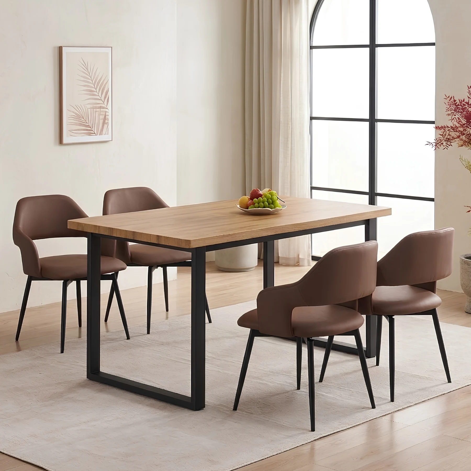【set品】ダイニングテーブルセット 食卓テーブル チェア 4脚 4人掛け 5点セット 幅140cm 波の形 360度回転可能な座面 クッション座面 PUレザー お掃除ロボット対応 肘付き スチール脚 耐熱 耐水 お手入れ簡単 組み立て簡単 シンプル コンパクト おしゃれ シンプル ハーフアーム 頑丈 イス 4人用 2人用