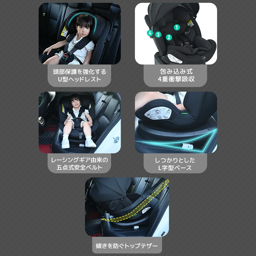 【ドリンクホルダー追加】【トップテザー】チャイルドシート 新生児 ISOFIX 0歳~12歳 360度回転式 40~150cm ジュニアシート 調節可能 洗える 超広いキャノピー付き ベビーシート 出産祝い 車【ブラック+ダークグレー】
