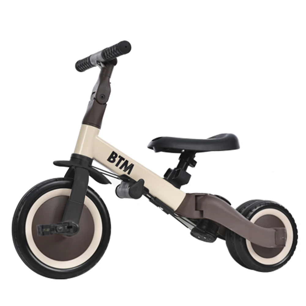 子供用三輪車 4in1 ベージュ×ブラウン 三輪車のりもの押し棒付き 自転車 おもちゃ 乗用玩具