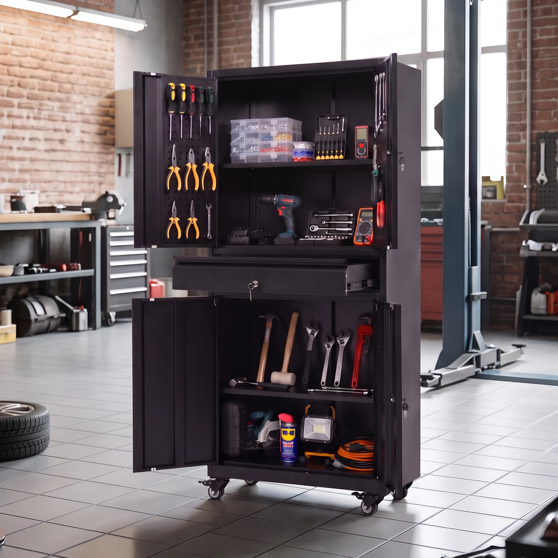 ツールキャビネット ロッカー 大型倉庫 ツールワゴン ツールカート 耐荷重150kg W76cm×D38cm×H170cm工具カート ロールキャビネット スチール ローラーキャビネット DIY 有孔ボード付き 鍵付き キャスター付き ロック付き 新作
