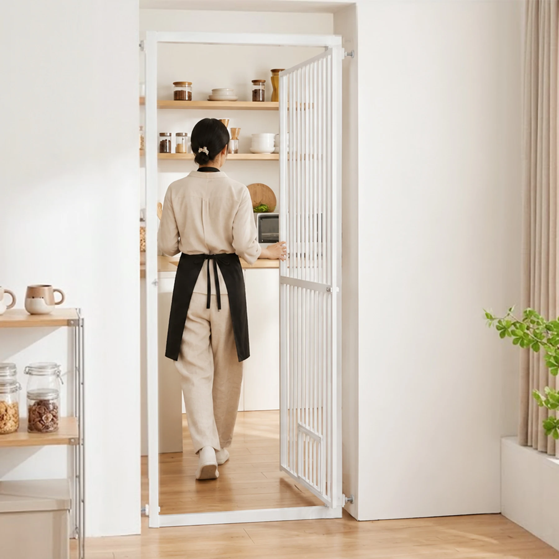 【猫ドア付き】高さ170cm ほぼ完成品 ペット 脱走防止 ドア ケージ 留守番 保護 ネコ 柵 フェンス 脱走防止 猫用 多頭飼い 多頭 スチール ペットケージ 新生活【ホワイト】
