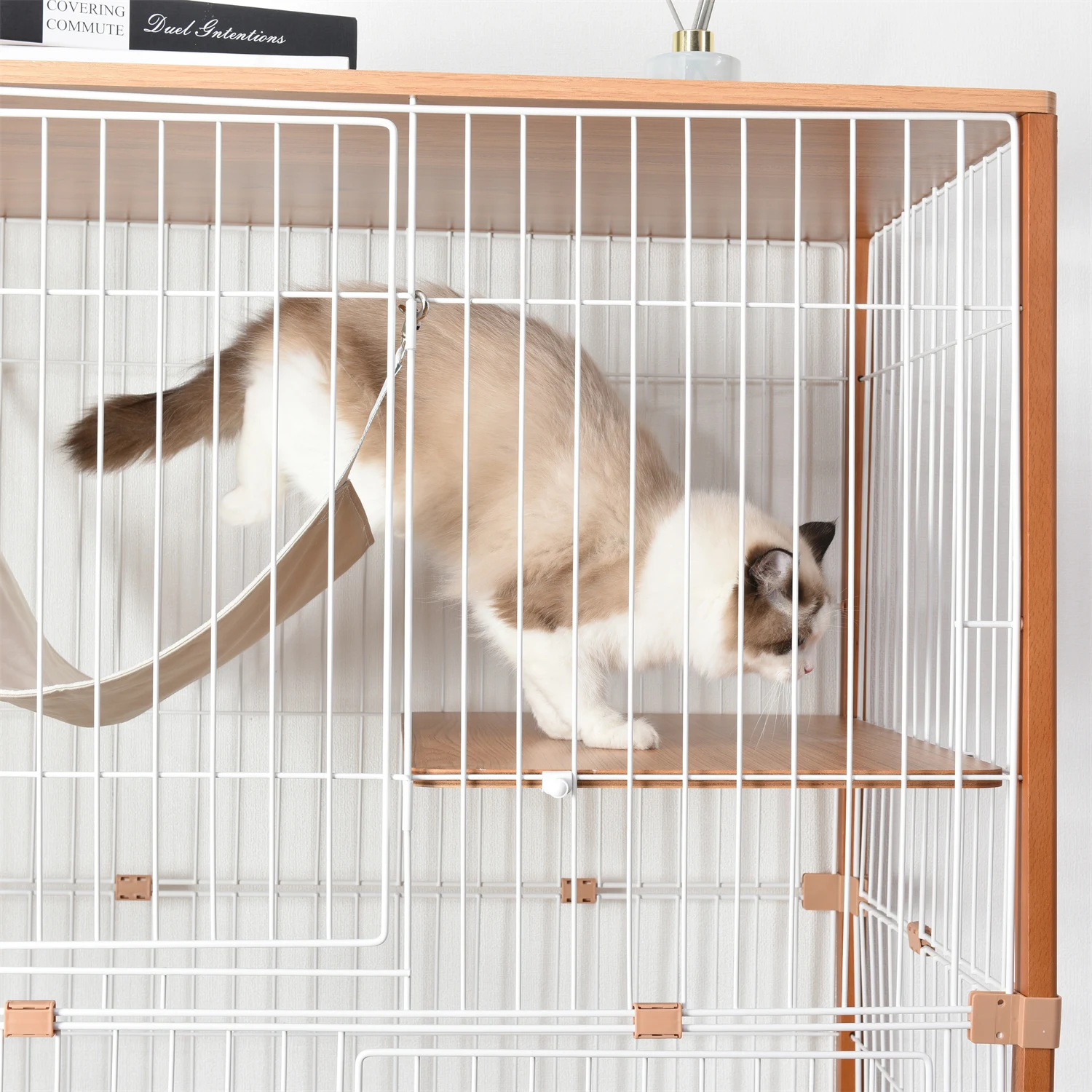猫 キャットケージ ケージ 木製 キャットハウス ネコ ハウス 留守番 保護 脱走防止 多頭飼い 多頭 スチール 三段 (ナチュラル)
