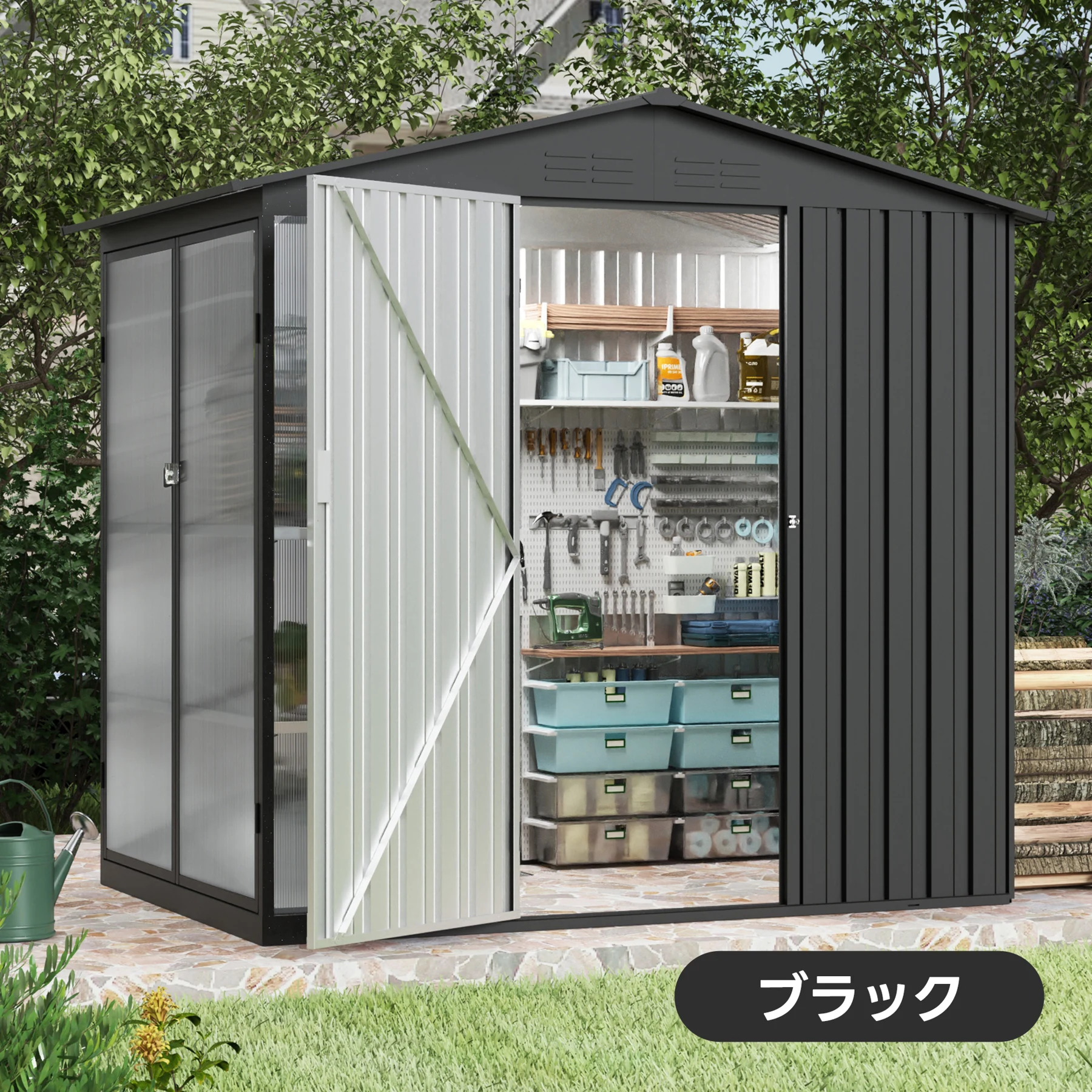 【温室付き】物置 屋外 スチール 可動棚 倉庫 戸外収納庫 W180*D121*H180cm 物置き おしゃれ 大型 収納庫 屋外物置 防さび ベランダ 防水 ドア スチール物置 屋外収納 ガーデニング 庭 新作【ブラック】