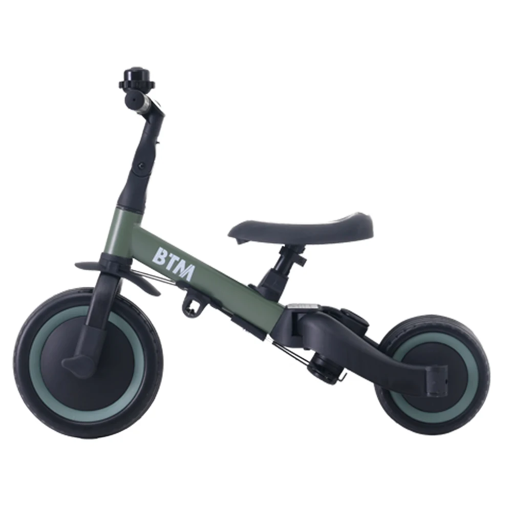 子供用三輪車 5in1 (マットグリーン) 自転車 オリジナル 押し棒付き 安全バー付き キックボード カップホルダー ベル バッグ付き