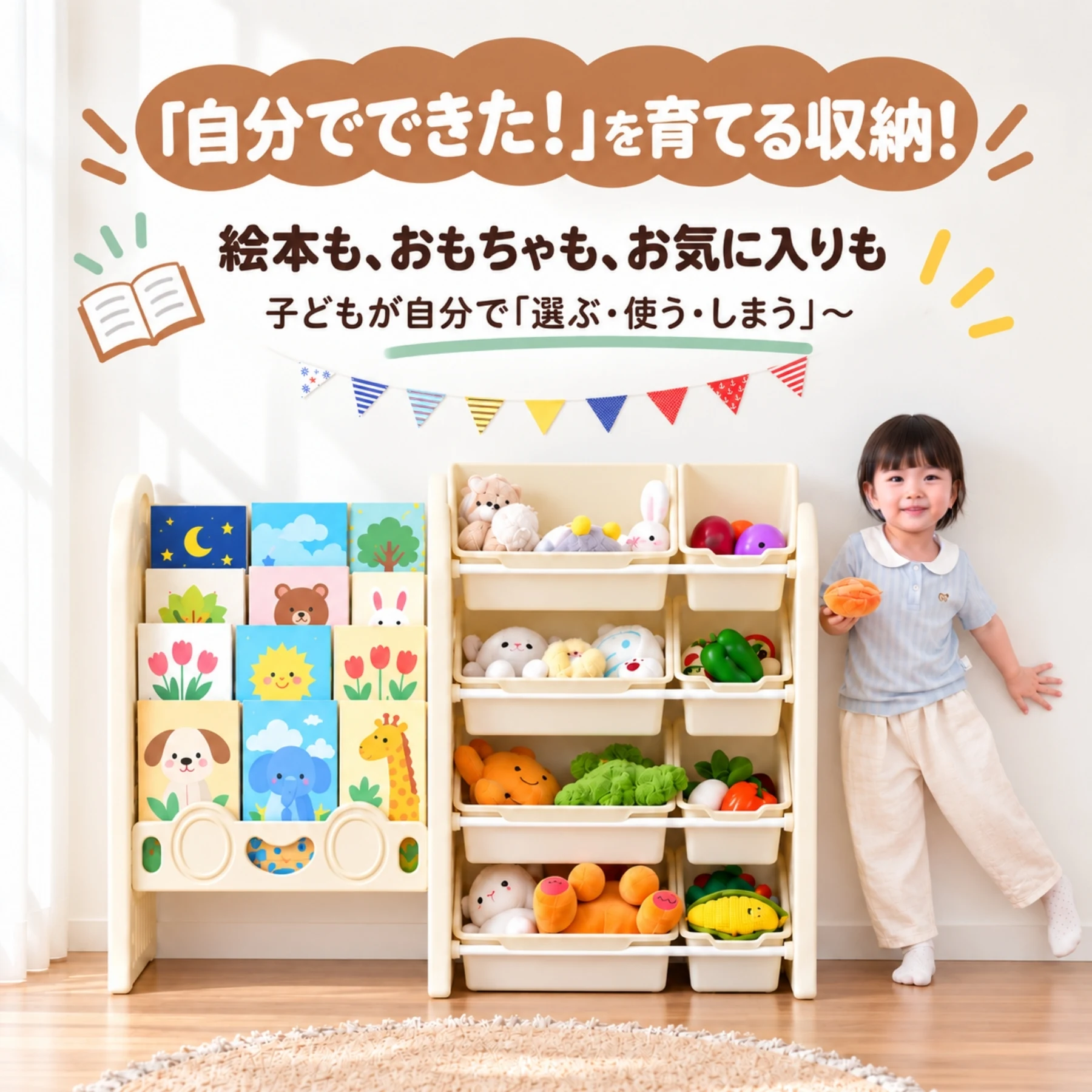 絵本棚 おもちゃ 収納 ラック 4段 棚 おもちゃ箱 収納ボックス 本棚 大容量 かわいい おしゃれ ワイドタイプ 組立カンタン オモチャ 収納家具 お手入れ簡単 子供部屋 子ども こども グレー 出産祝い プレゼント