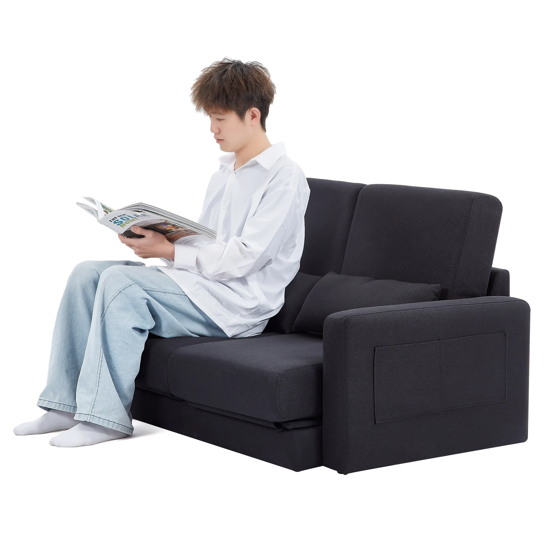 2 seater sofa ソファ 2人掛け 収納付き ファブリック 両側に肘掛け付き 木脚外し可能 ローソファ コンパクト ひとり暮らし カウチソファー