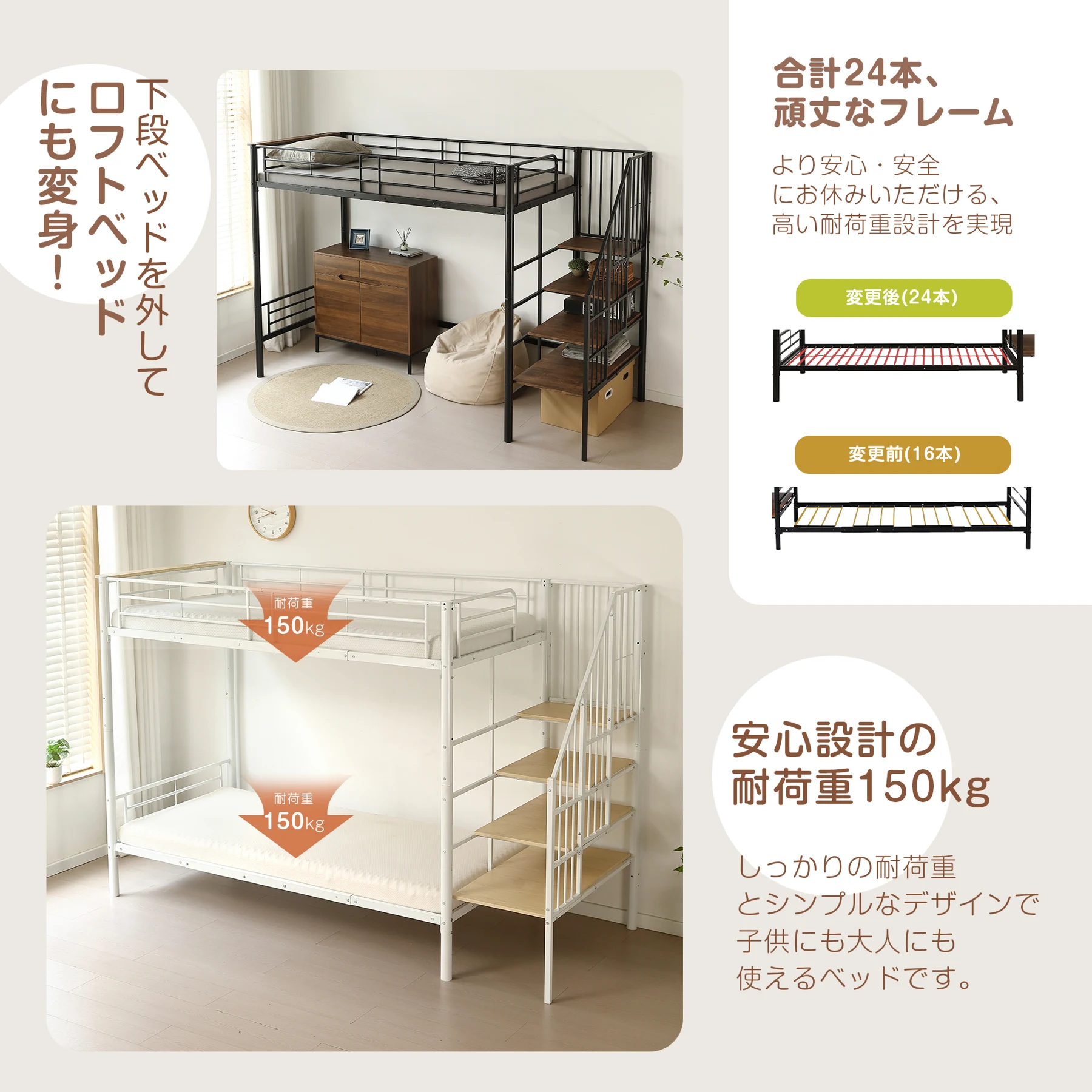 二段ベッド ロフトベッド 階段付き S 二段ベッド パイプベッド シングル 収納 スチール 耐震 ベッド シングル パイプベッド パイプベッド フレームのみ【Sシングル】