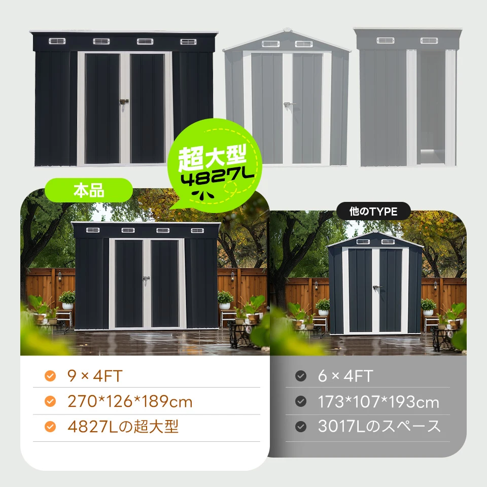 【可動棚なし】物置 屋外 スチール 倉庫 床材補強フレーム付き 戸外収納庫 幅270*奥行き126*高189 物置き おしゃれ 大型 収納庫 屋外物置 防さび ベランダ 防水 ドア スチール物置 屋外収納 ガーデニング 庭 新作【グレーホワイト】