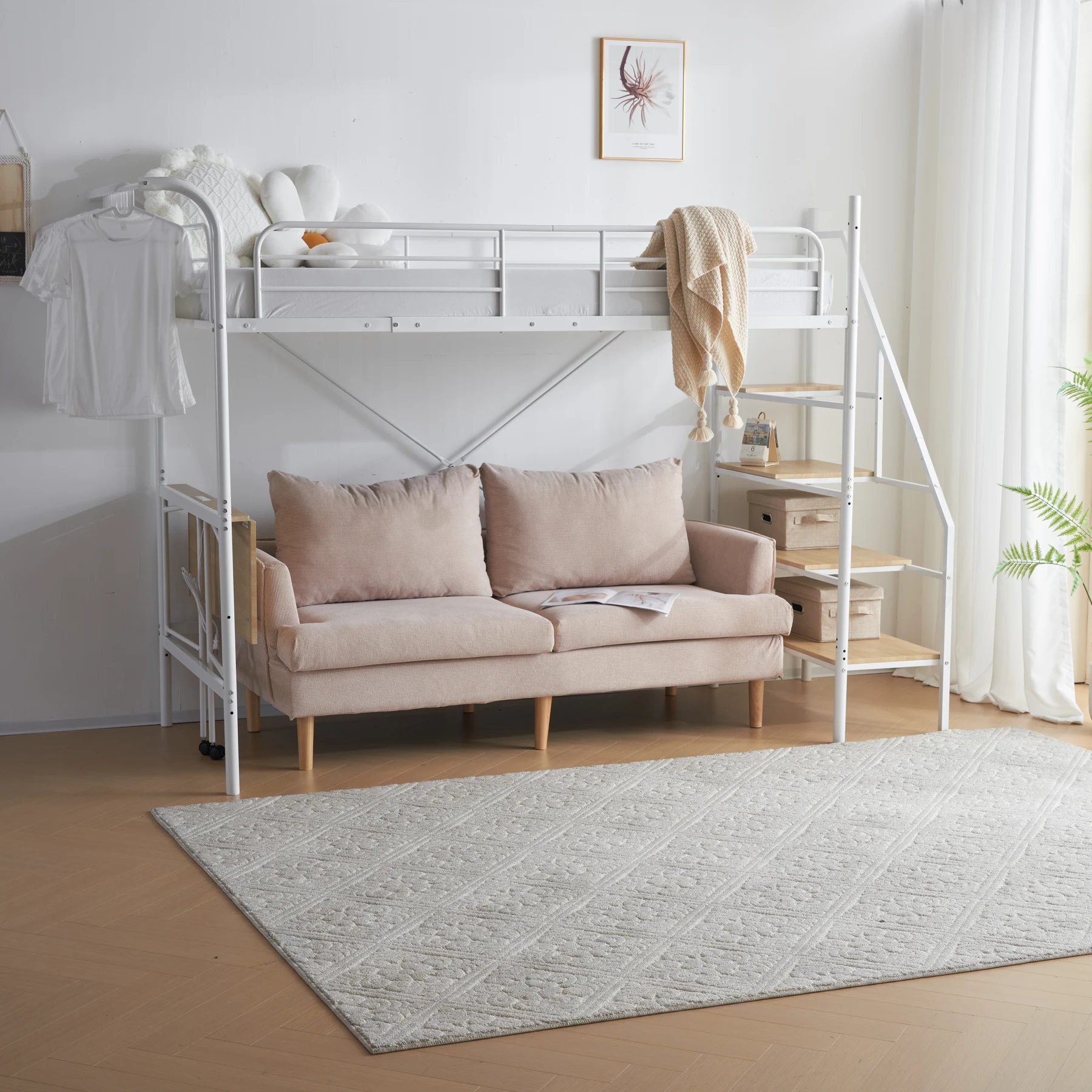 システムベット ロフトベッド シングル デスク付き コンセント付き 収納付き ハンガーポール付き 耐荷重150kg 北欧風 スチール 耐震