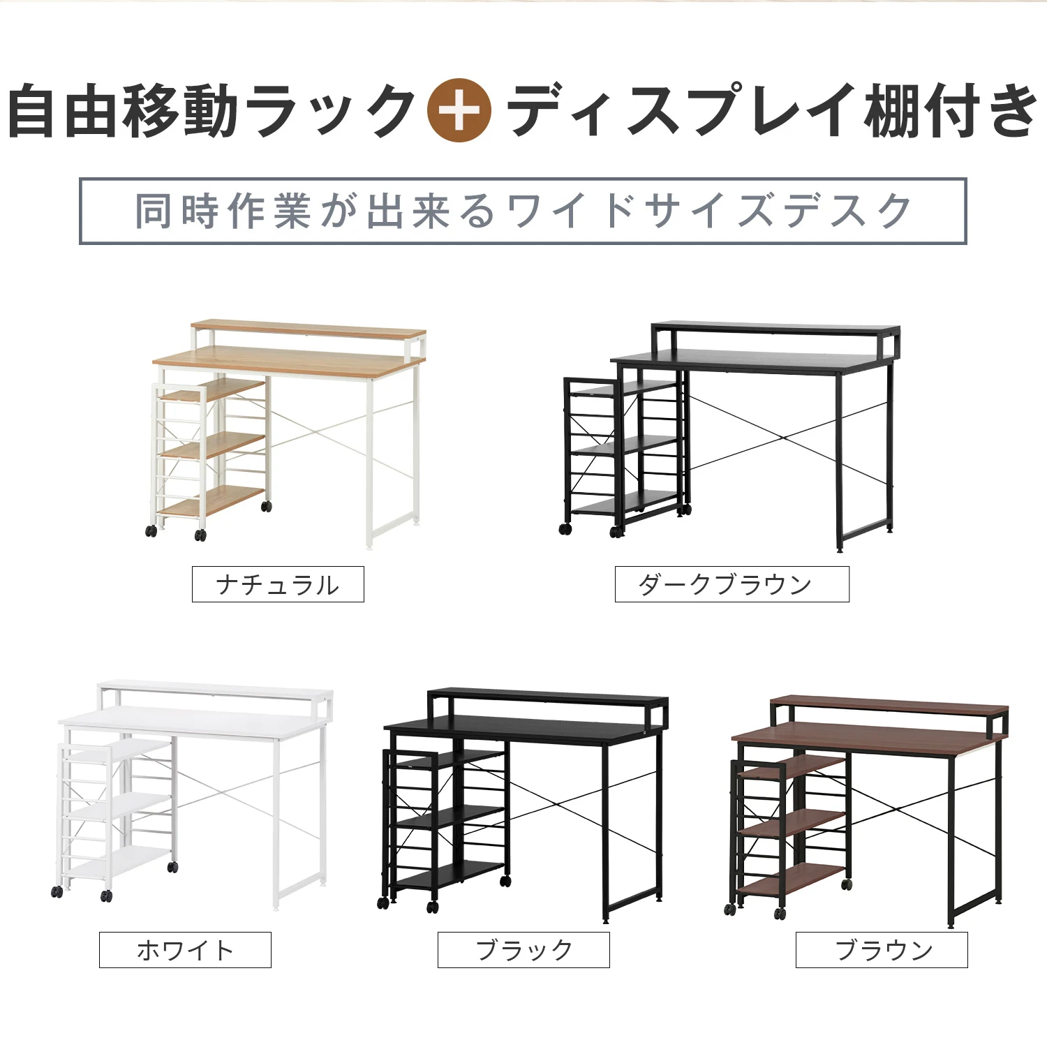 N512P455095A SET 【ホワイト】パソコンデスク キャスター付きで移動可能ラック付き デスク ワークデスク オフィスデスク 学習デスク
